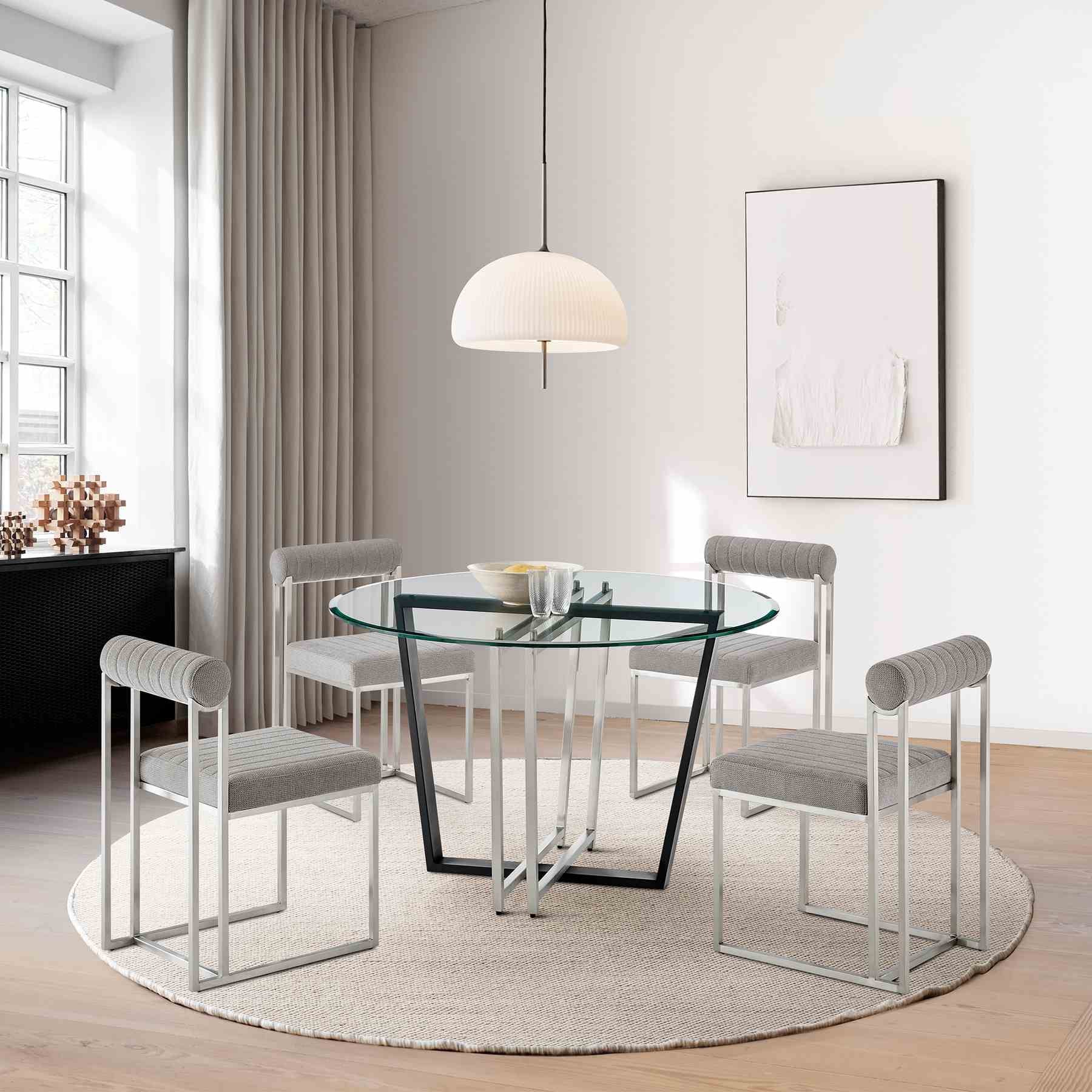 Devi Anastasia 5 Piece Round Glass Dining Table Set with Brushed Stainless Steel and Light Gray Fabric - Image 10