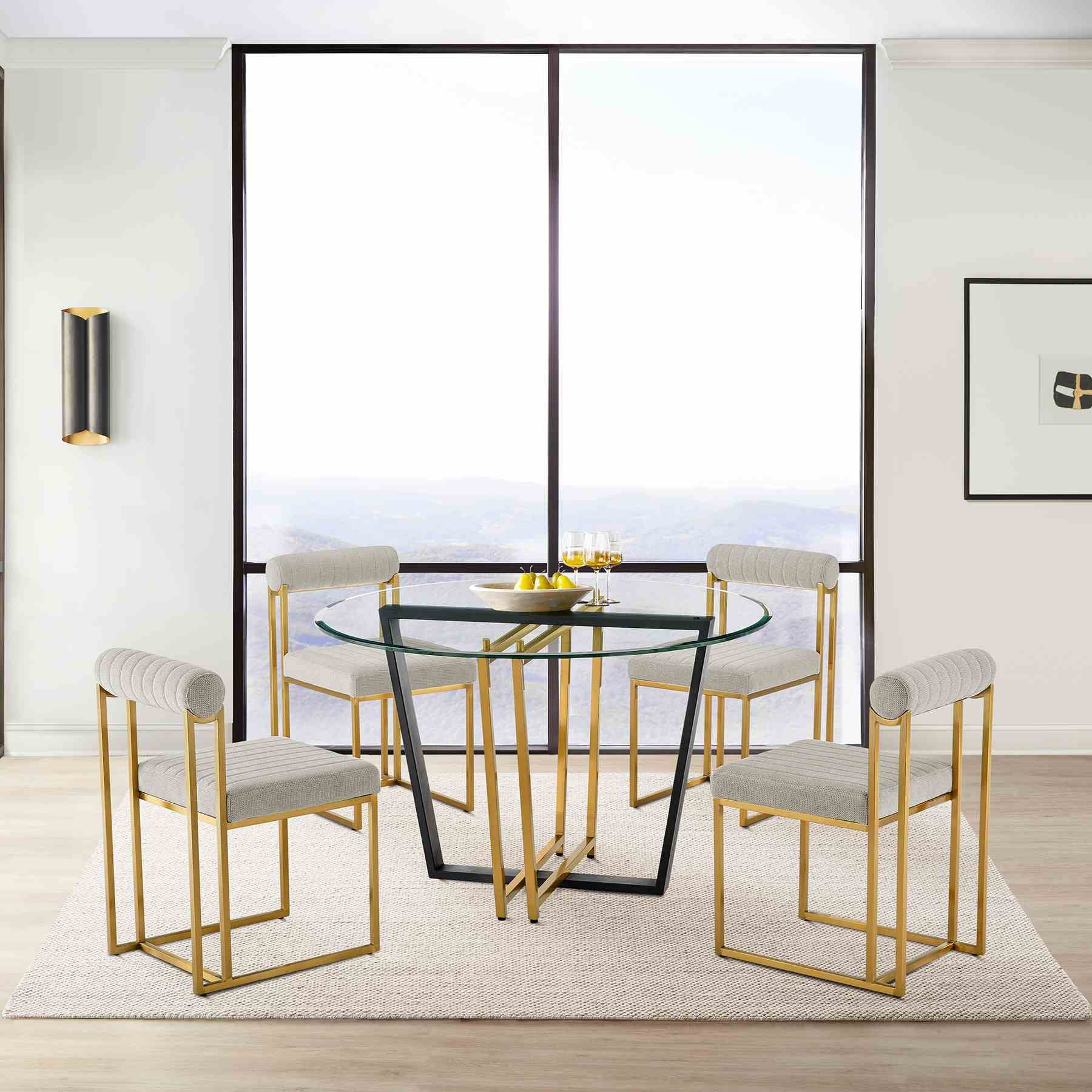 Devi Anastasia 5 Piece Round Glass Dining Table Set with Gold Brushed Stainless Steel and Taupe Fabric - Image 10