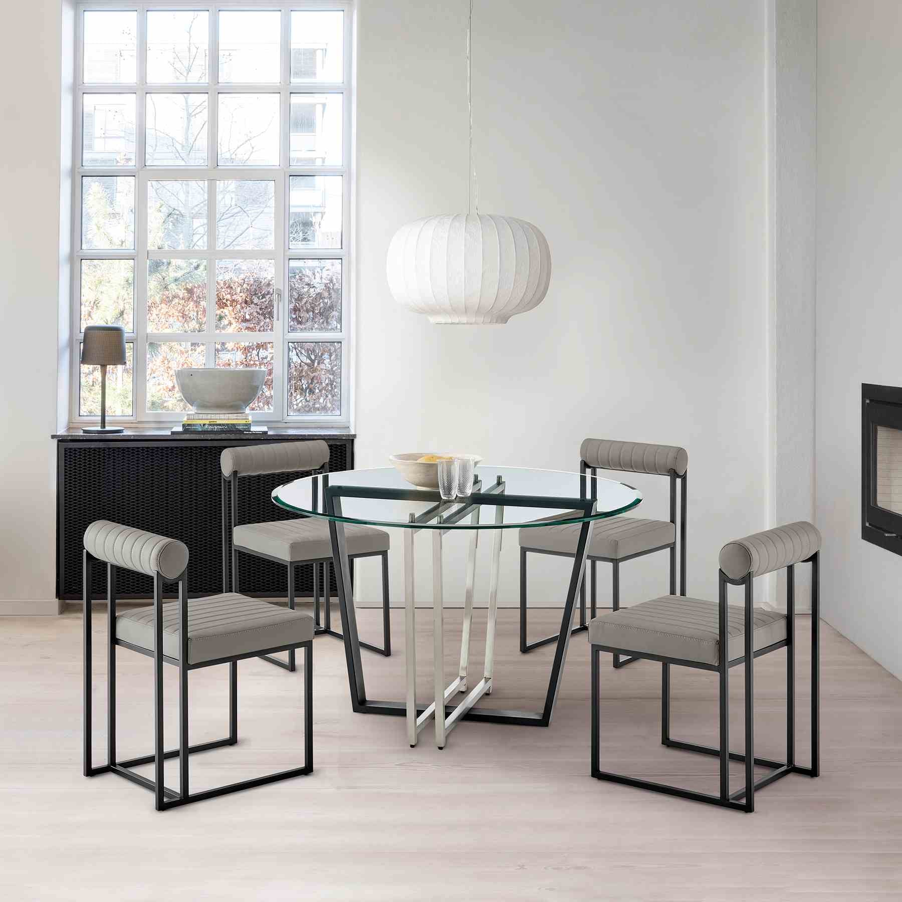 Devi Anastasia 5 Piece Round Glass Dining Table Set with Matte Black Iron and Light Gray Faux Leather - Image 10