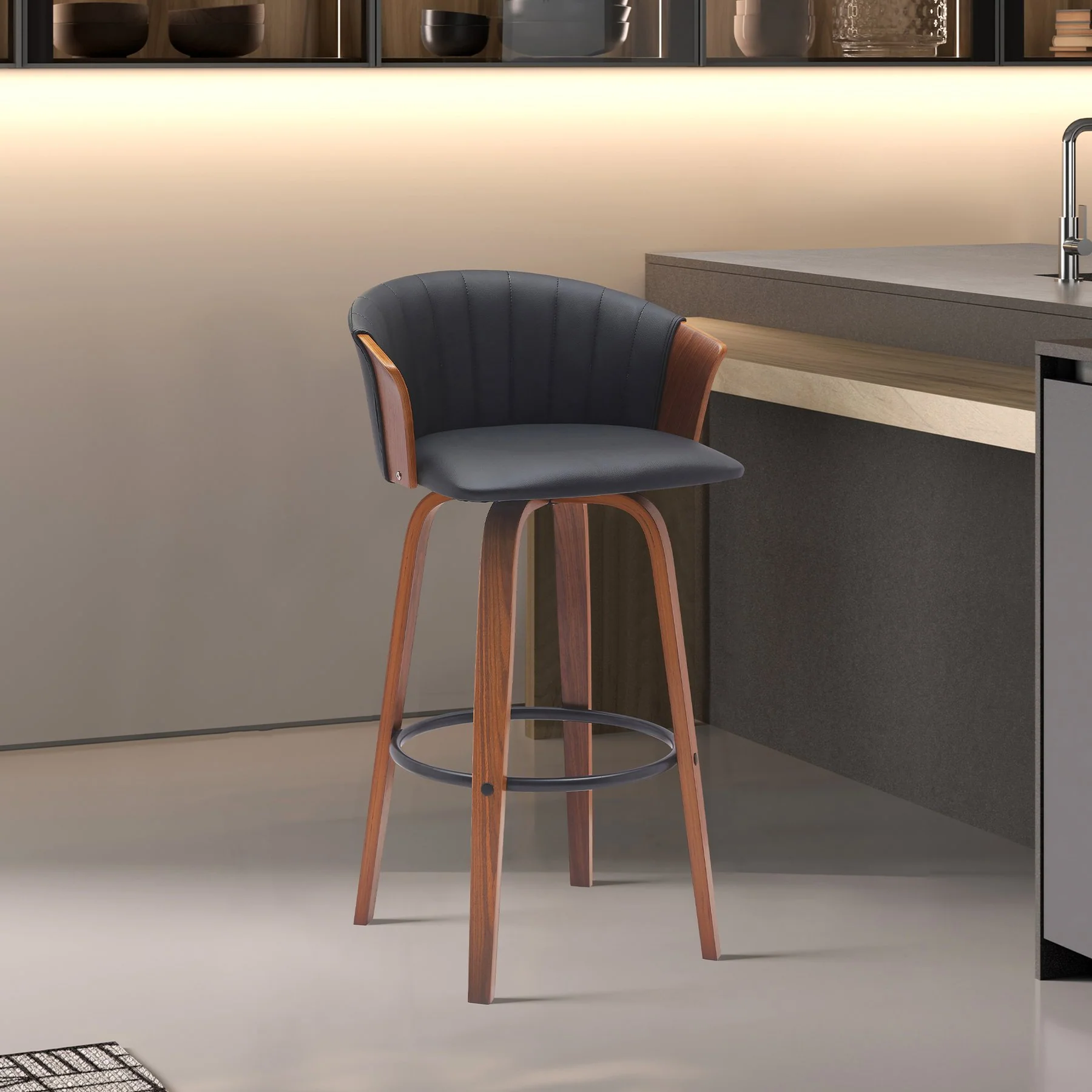 Diana 26" Swivel Walnut Wood Counter Stool in Black Faux Leather - Image 9