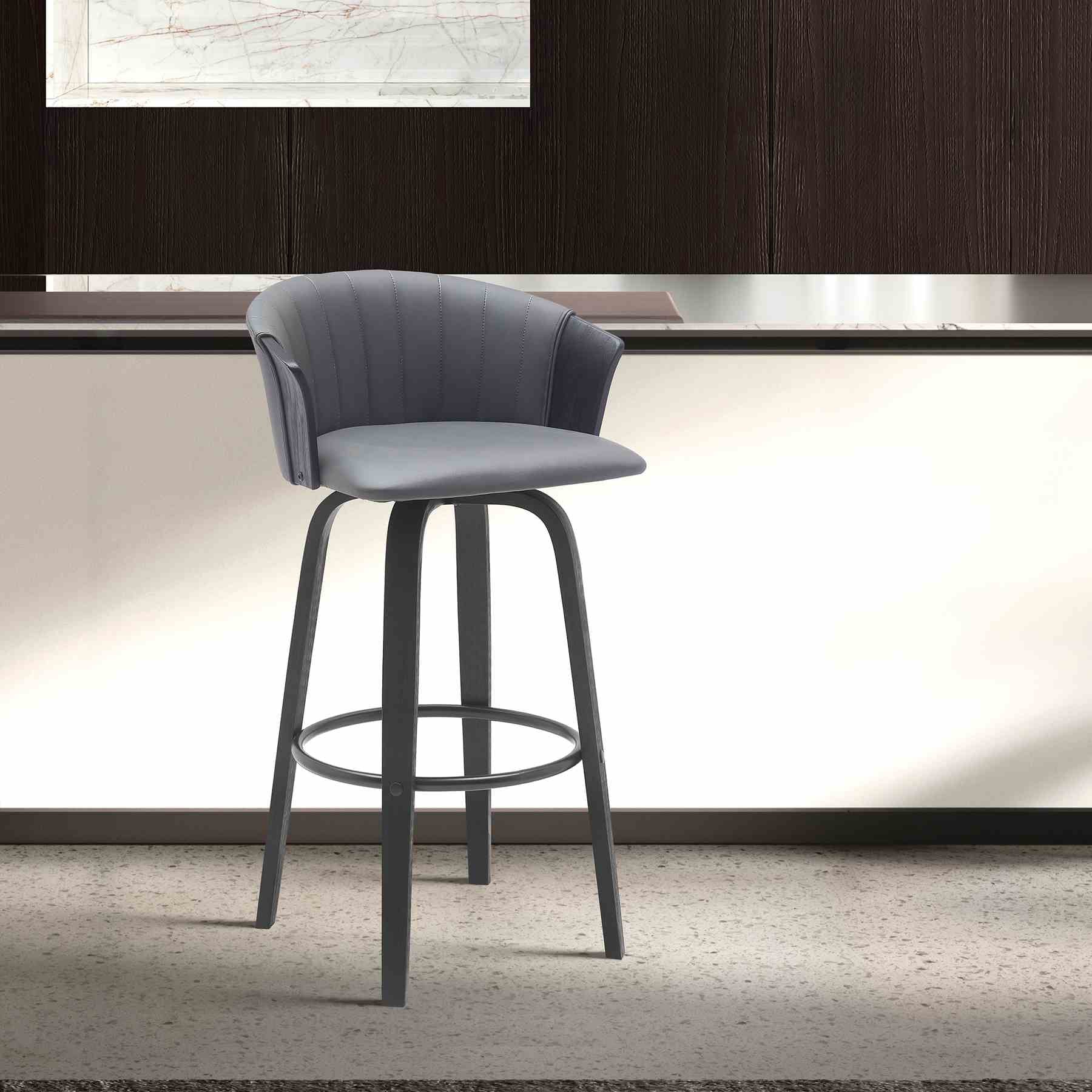Diana 30" Swivel Black Wood Bar Stool in Gray Faux Leather - Image 9