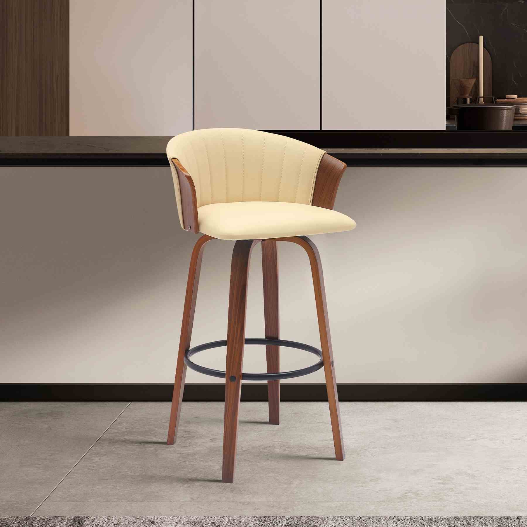 Diana 30" Swivel Walnut Wood Bar Stool in Cream Faux Leather - Image 9