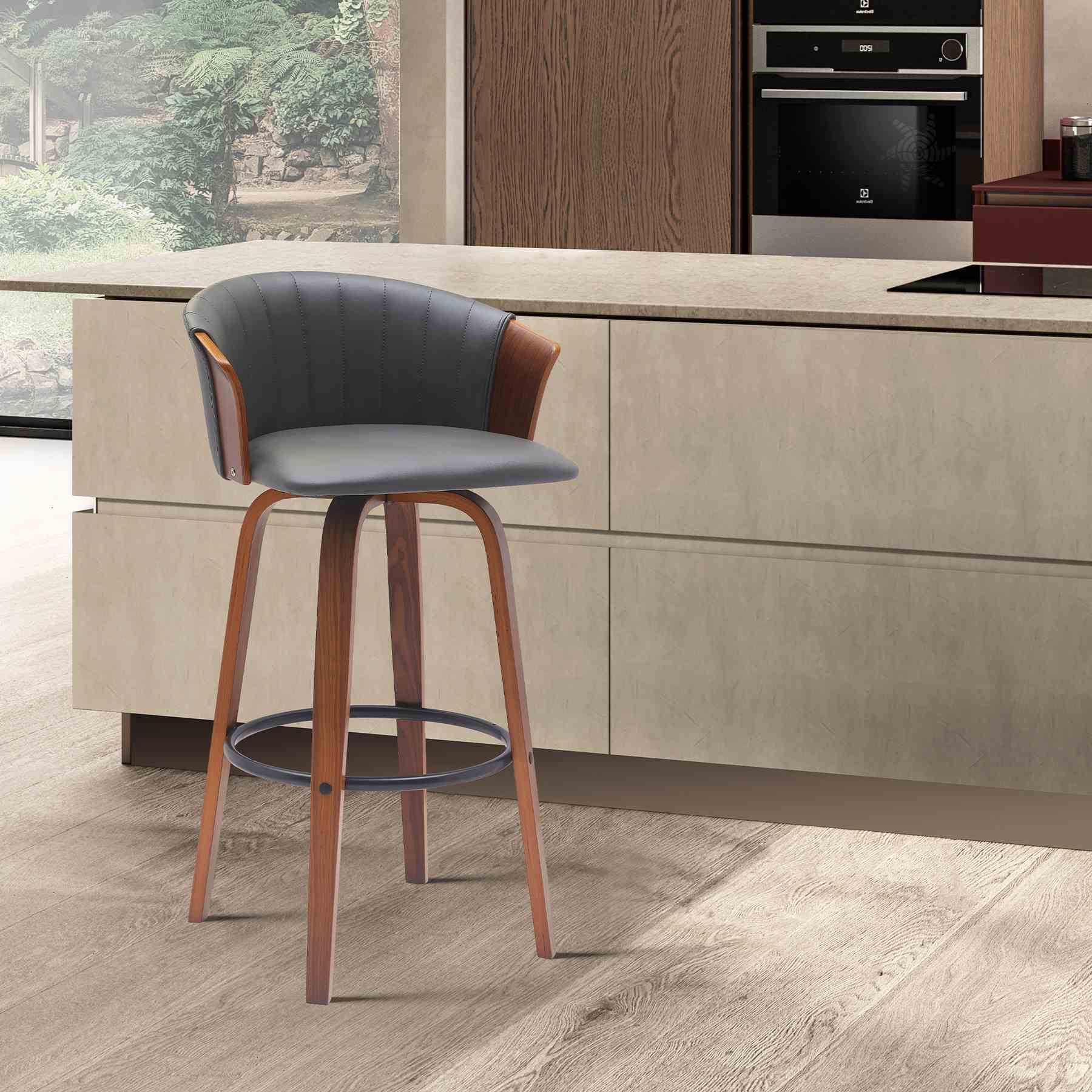 Diana 30" Swivel Walnut Wood Bar Stool in Gray Faux Leather - Image 9
