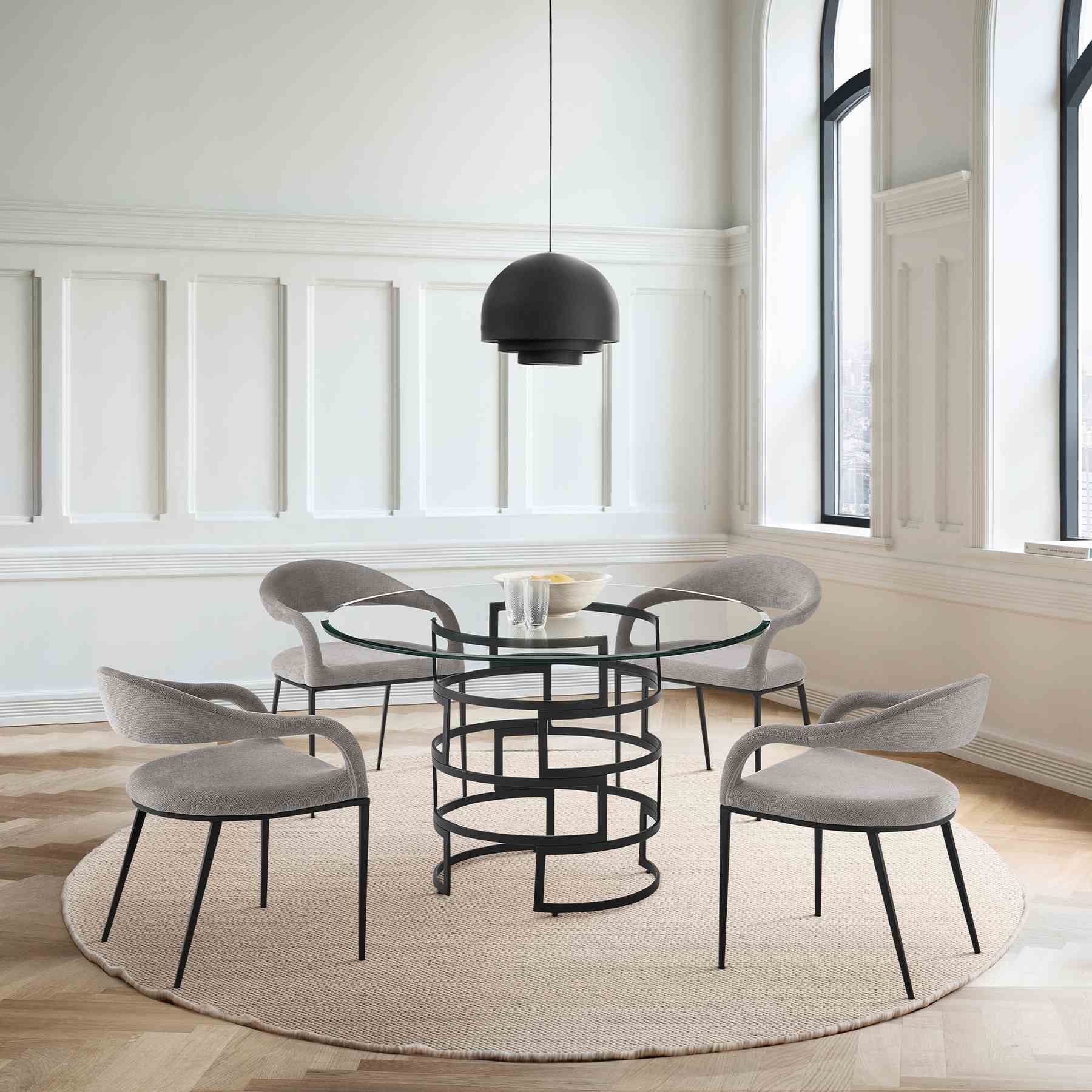 Diaz Morgan 5 Piece Round Glass Dining Table Set with Matte Black Iron and Light Gray Fabric - Image 10