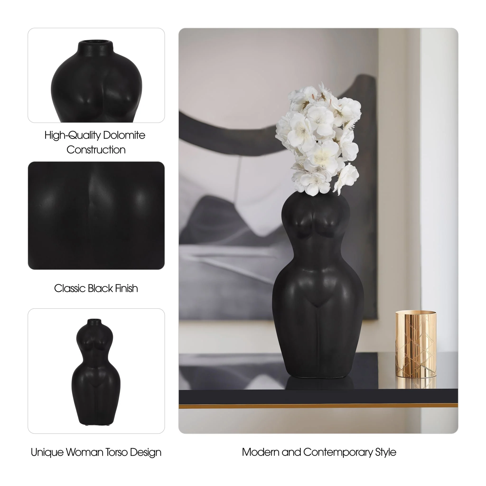 Dol, 12"h Torso Vase, Black - Image 10