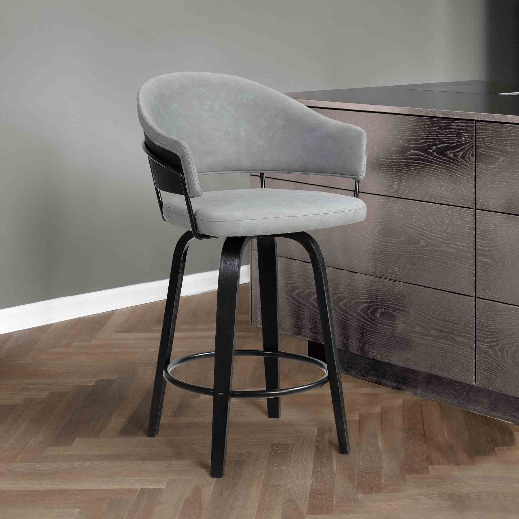 Doral 26" Light Gray Faux Leather Barstool in Black Powder Coated Finish and Black Brushed Wood - Image 6