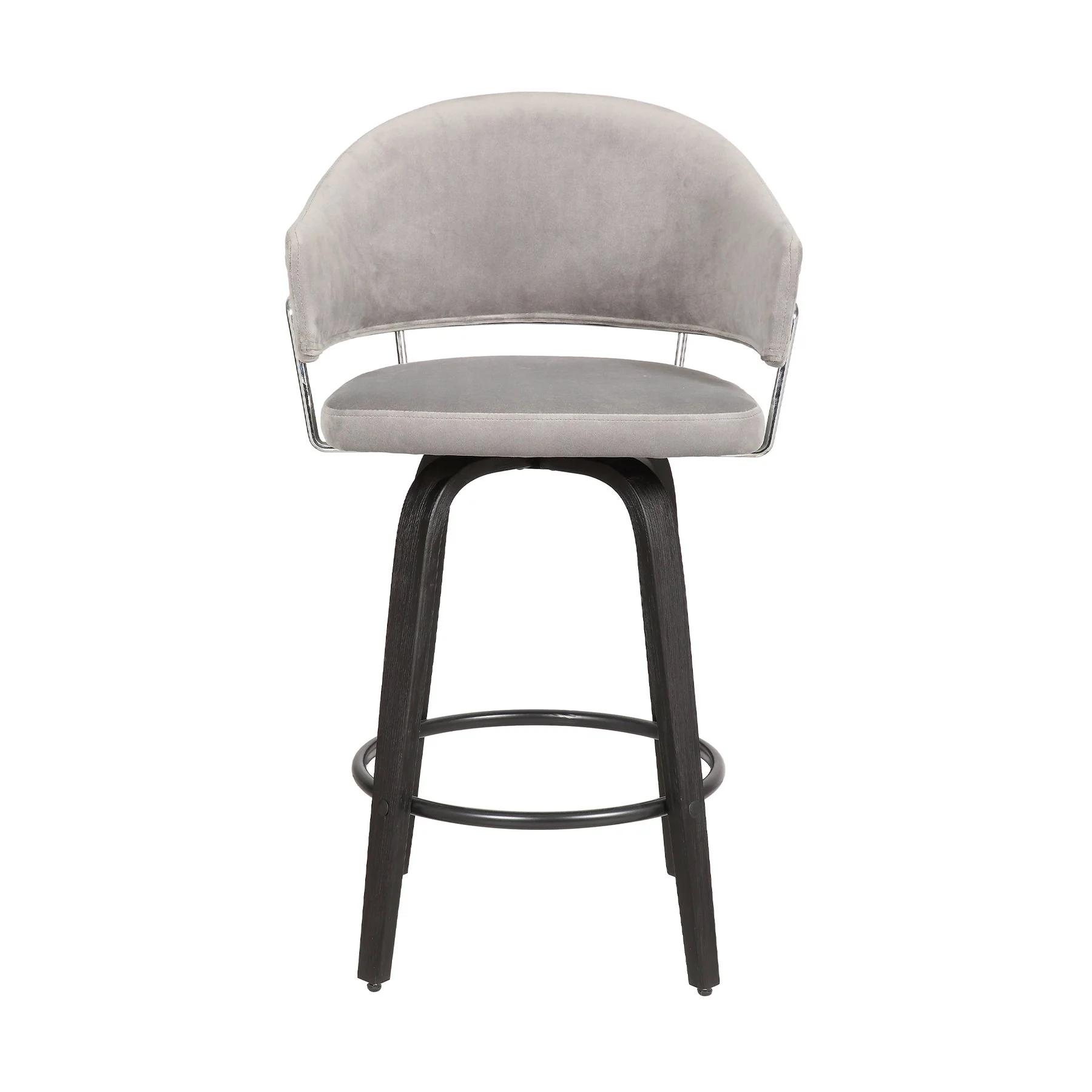 Doral 26" Light Gray Velvet Barstool in Black Powder Coated Finish with Chrome and Black Brushed Wood - Image 2