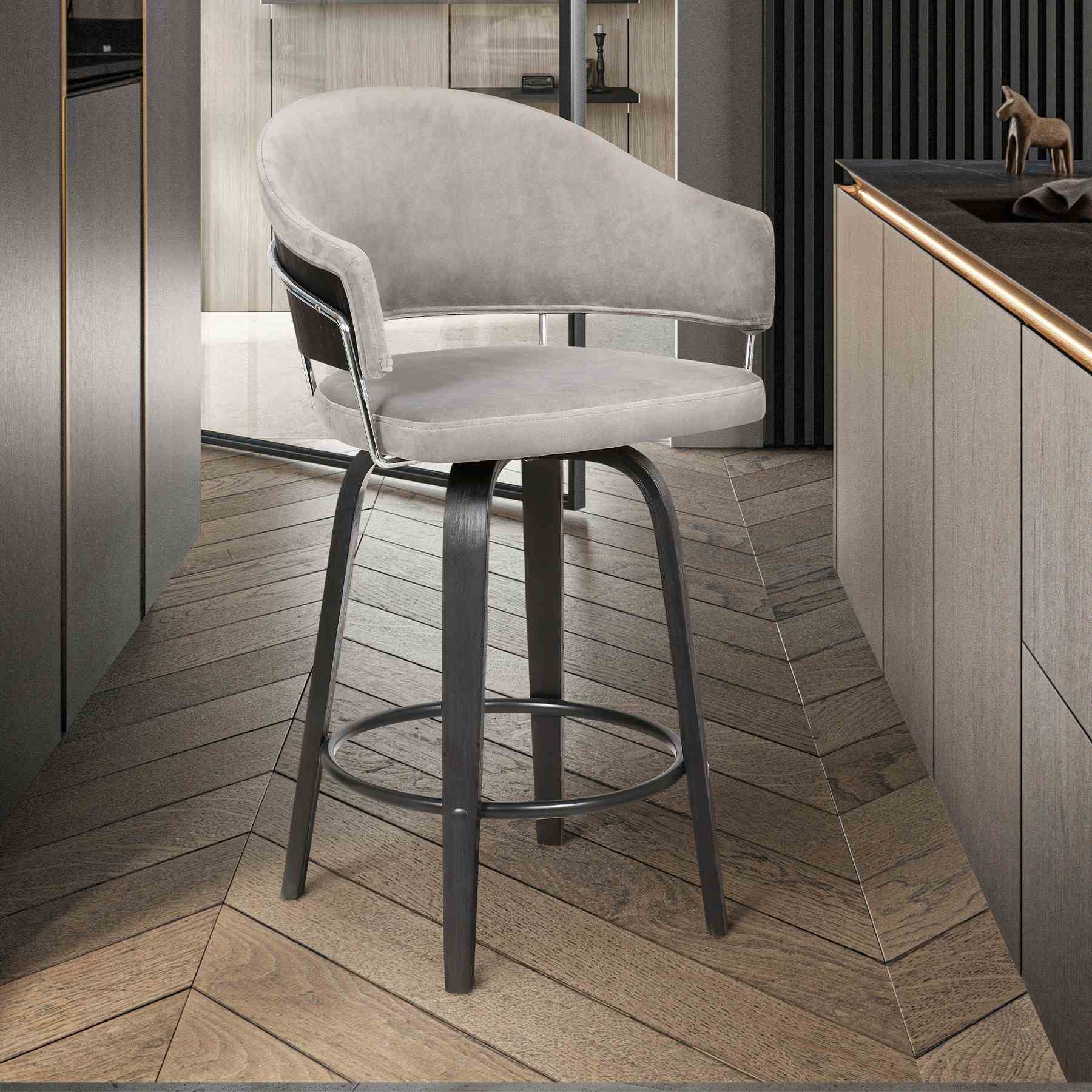 Doral 26" Light Gray Velvet Barstool in Black Powder Coated Finish with Chrome and Black Brushed Wood - Image 8