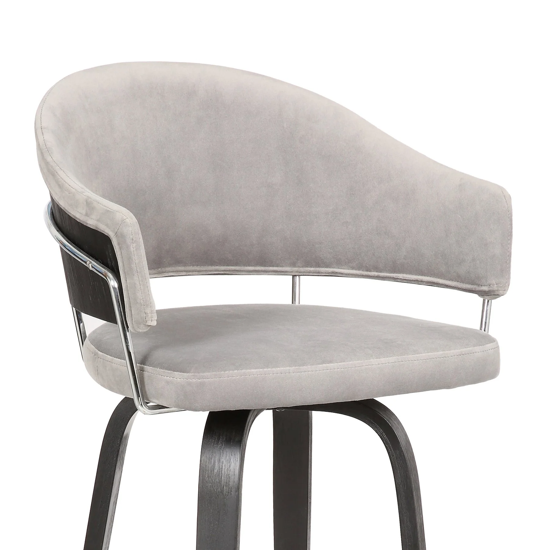 Doral 30" Light Gray Velvet Barstool in Black Powder Coated Finish with Chrome and Black Brushed Wood - Image 2