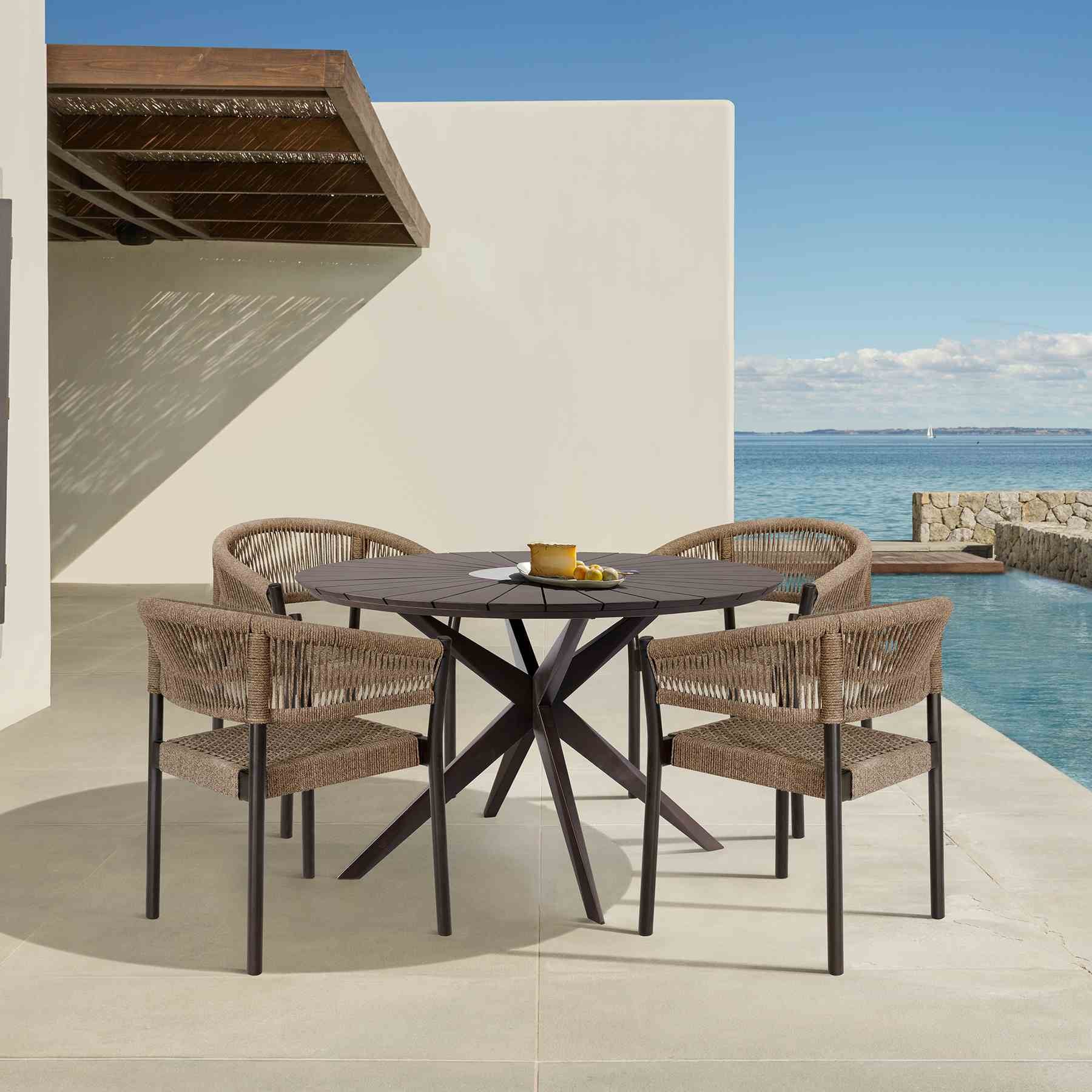 Doris Outdoor Patio Dining Chair in Dark Eucalyptus Wood with Truffle Rope - Set of 2 - Image 14