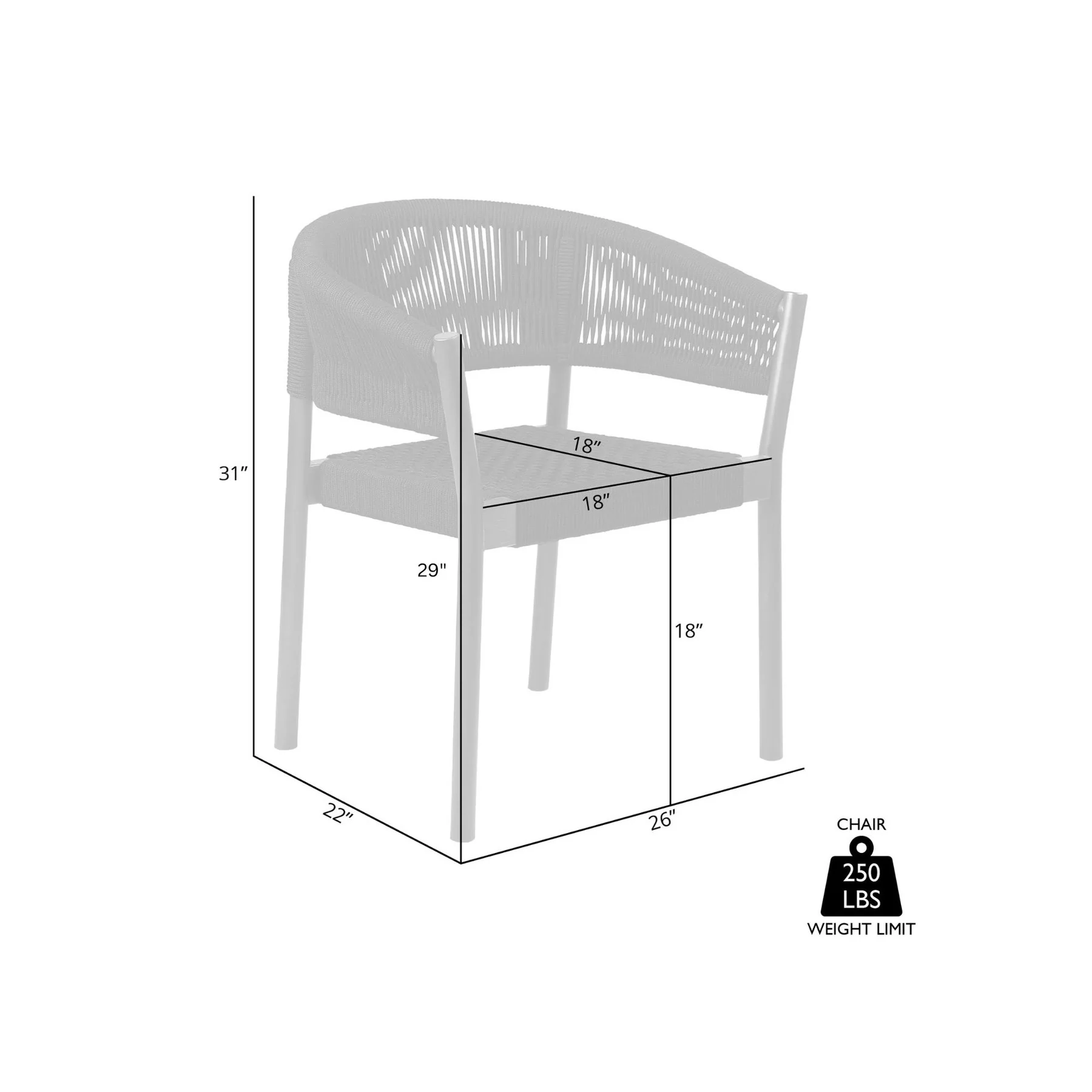 Doris Outdoor Patio Dining Chair in Light Eucalyptus Wood with Charcoal Rope - Set of 2 - Image 8