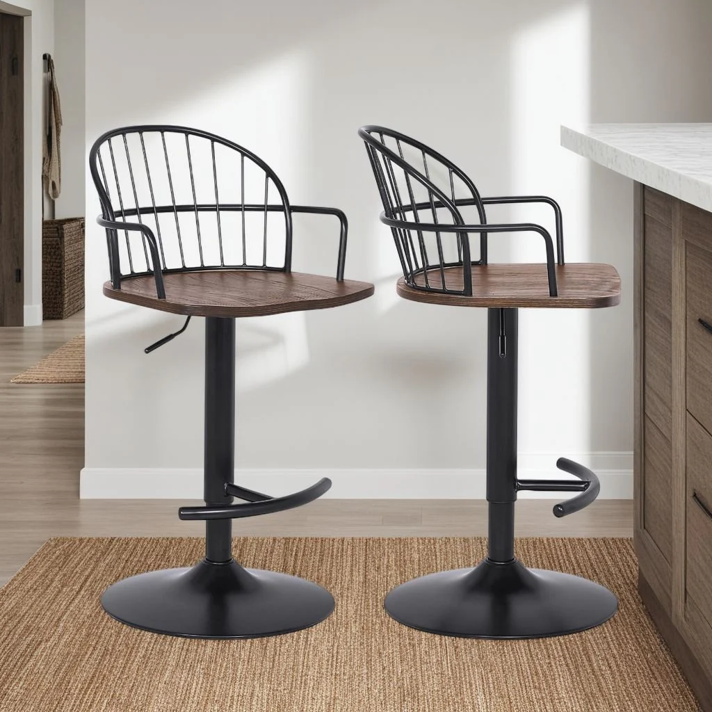 Edward Adjustable Walnut Glazed Barstool in Black Powder Coated Finish - Image 7