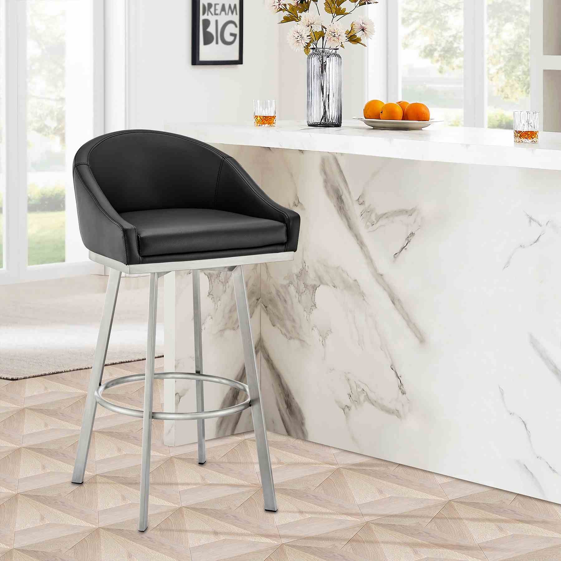 Eleanor 26" Swivel Counter Stool in Brushed Stainless Steel and Black Faux Leather - Image 10