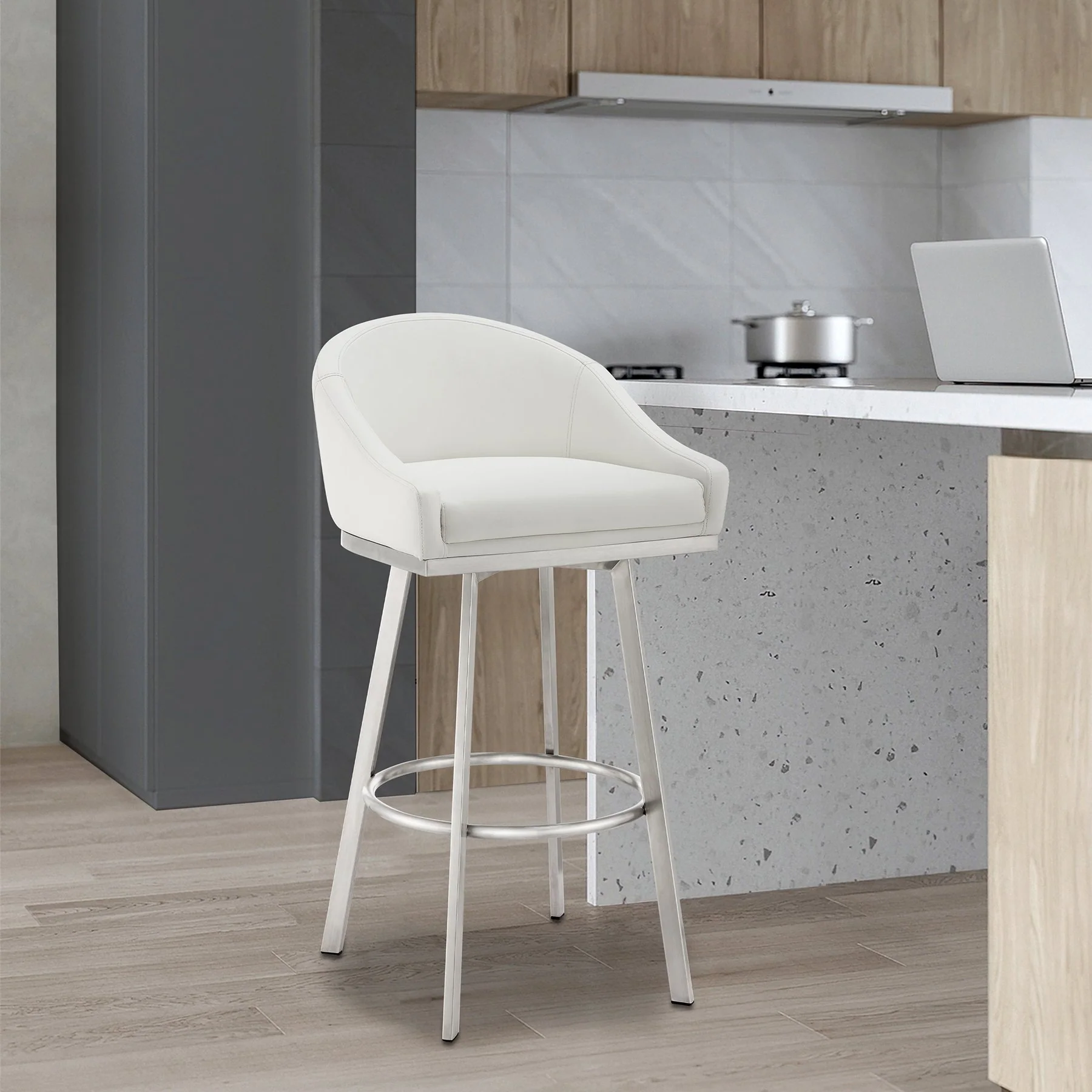 Eleanor 26" Swivel Counter Stool in Brushed Stainless Steel with White Faux Leather - Image 10