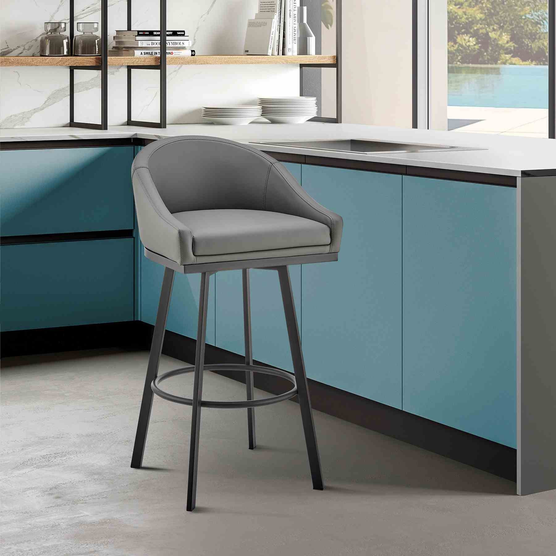 Eleanor Swivel Bar Stool in Black Metal with Gray Faux Leather - Image 12