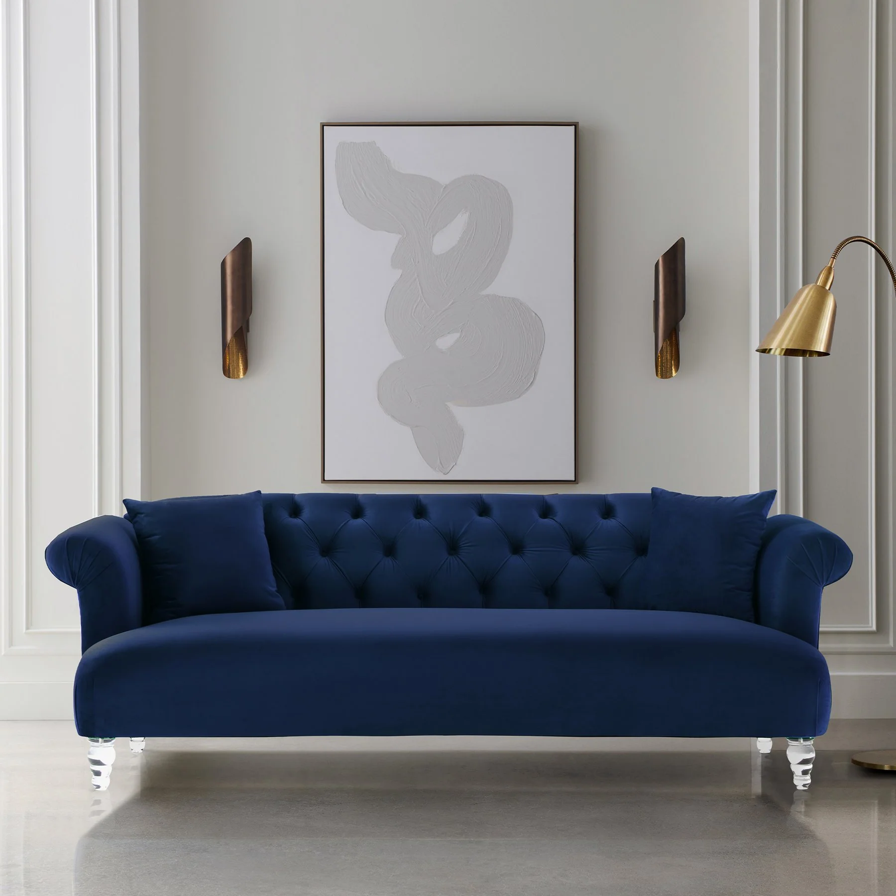 Elegance Contemporary Sofa in Blue Velvet with Acrylic Legs - Image 4