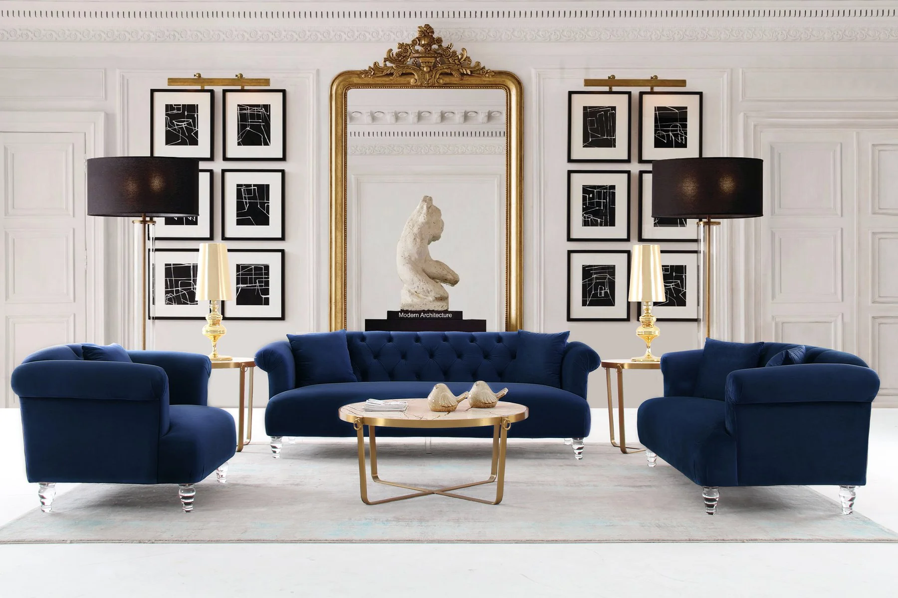 Elegance Contemporary Sofa in Blue Velvet with Acrylic Legs - Image 5