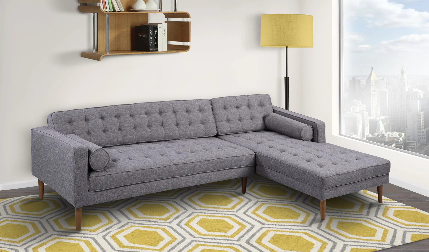Element Right-Side Chaise Sectional in Dark Gray Linen and Walnut Legs - Image 2