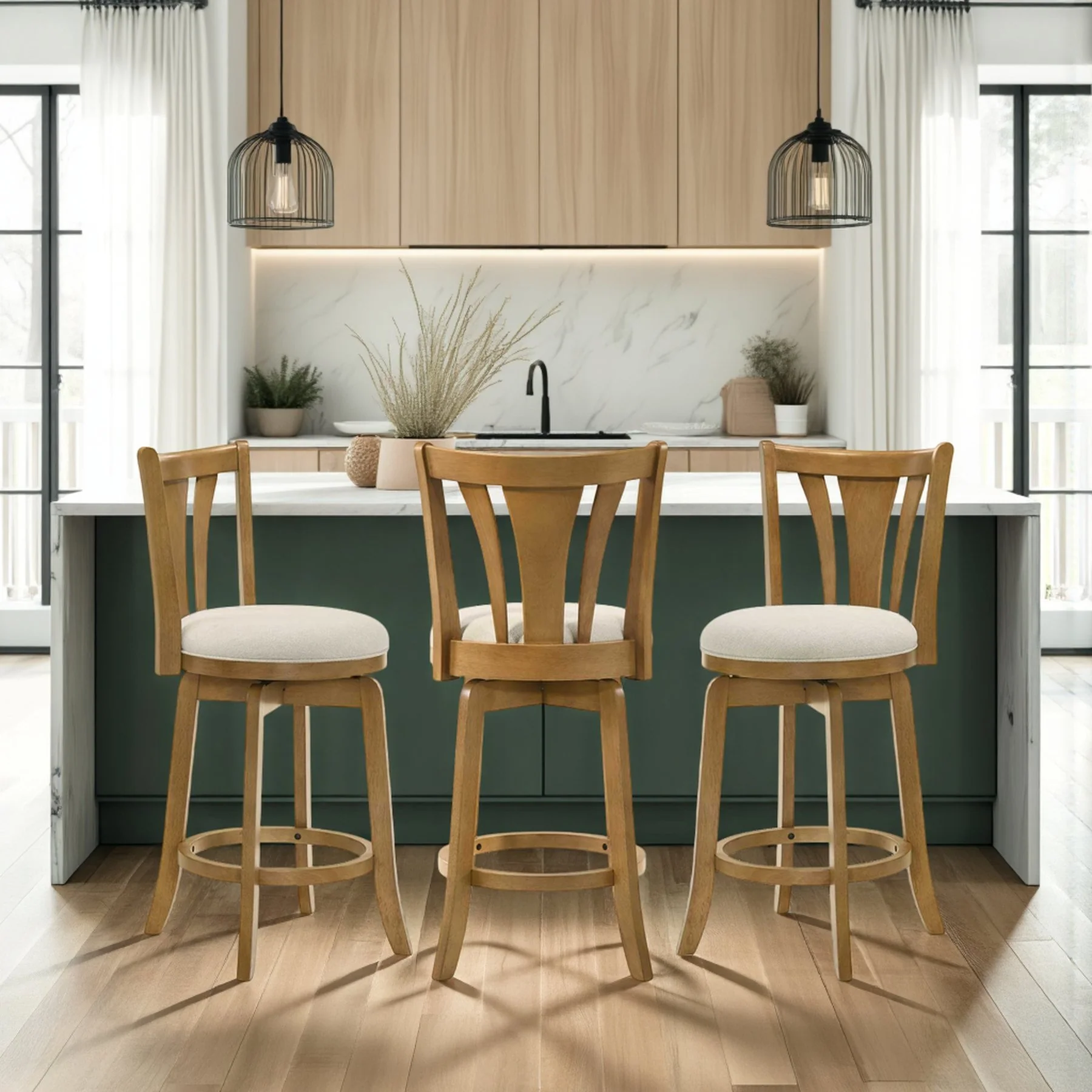 Elle 26 in. Amber Glow Counter Height Rubberwood Swivel Barstool with Ivory Fabric Seat - Image 11