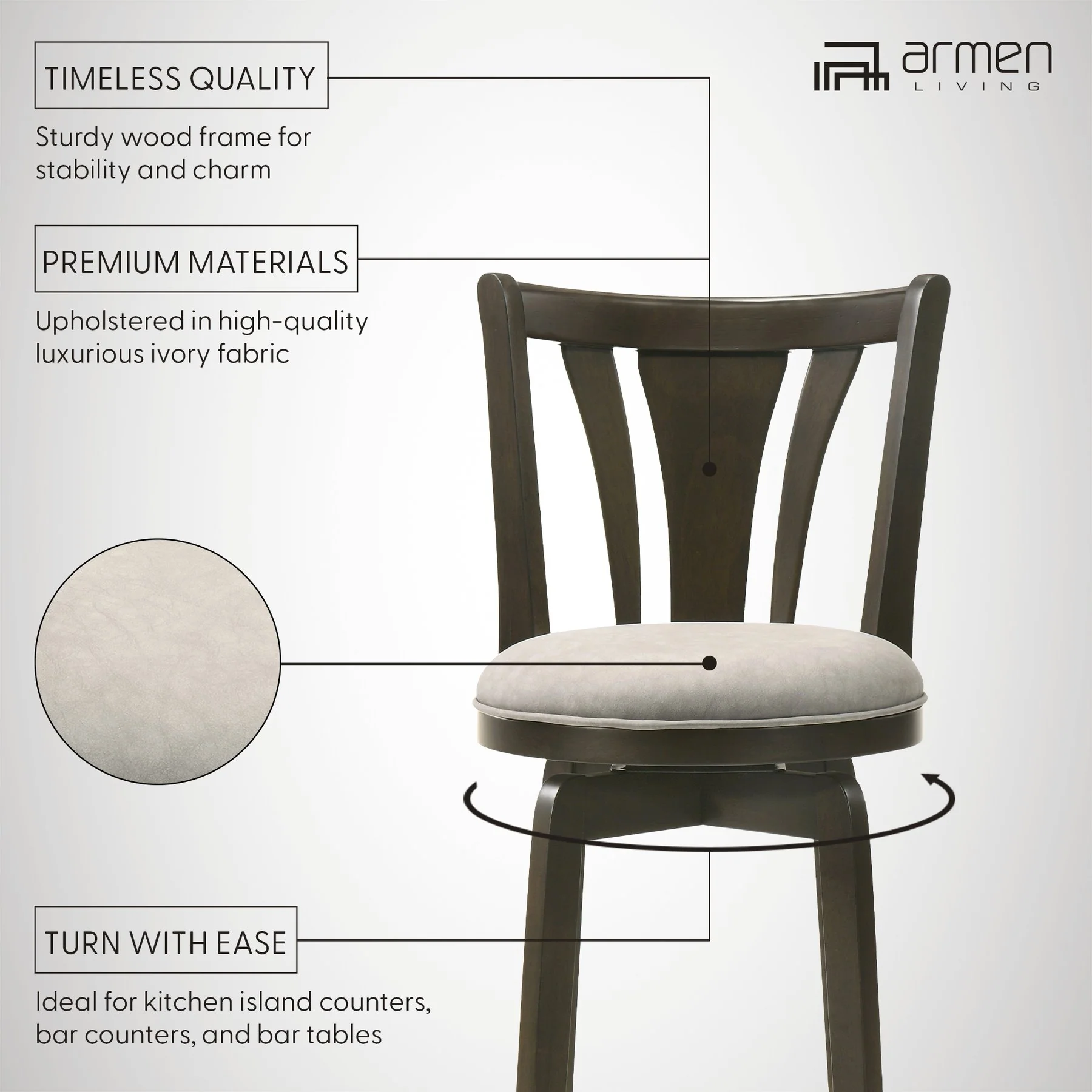 Elle 26 in. Dark Roast Counter Height Rubberwood Swivel Barstool with Grey Fabric Seat - Image 12