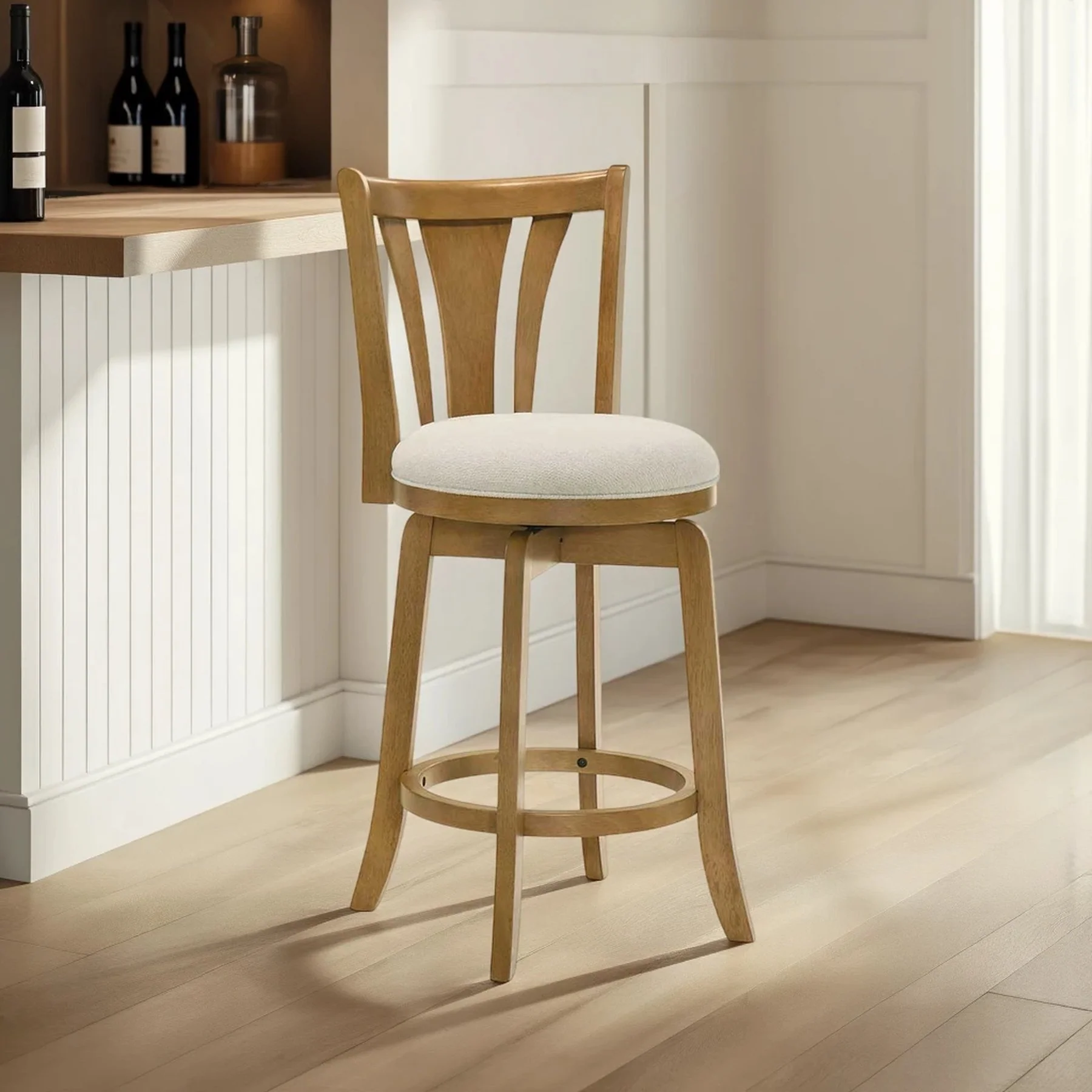 Elle 30 in. Amber Glow Bar Height Rubberwood Swivel Barstool with Ivory Fabric Seat - Image 10