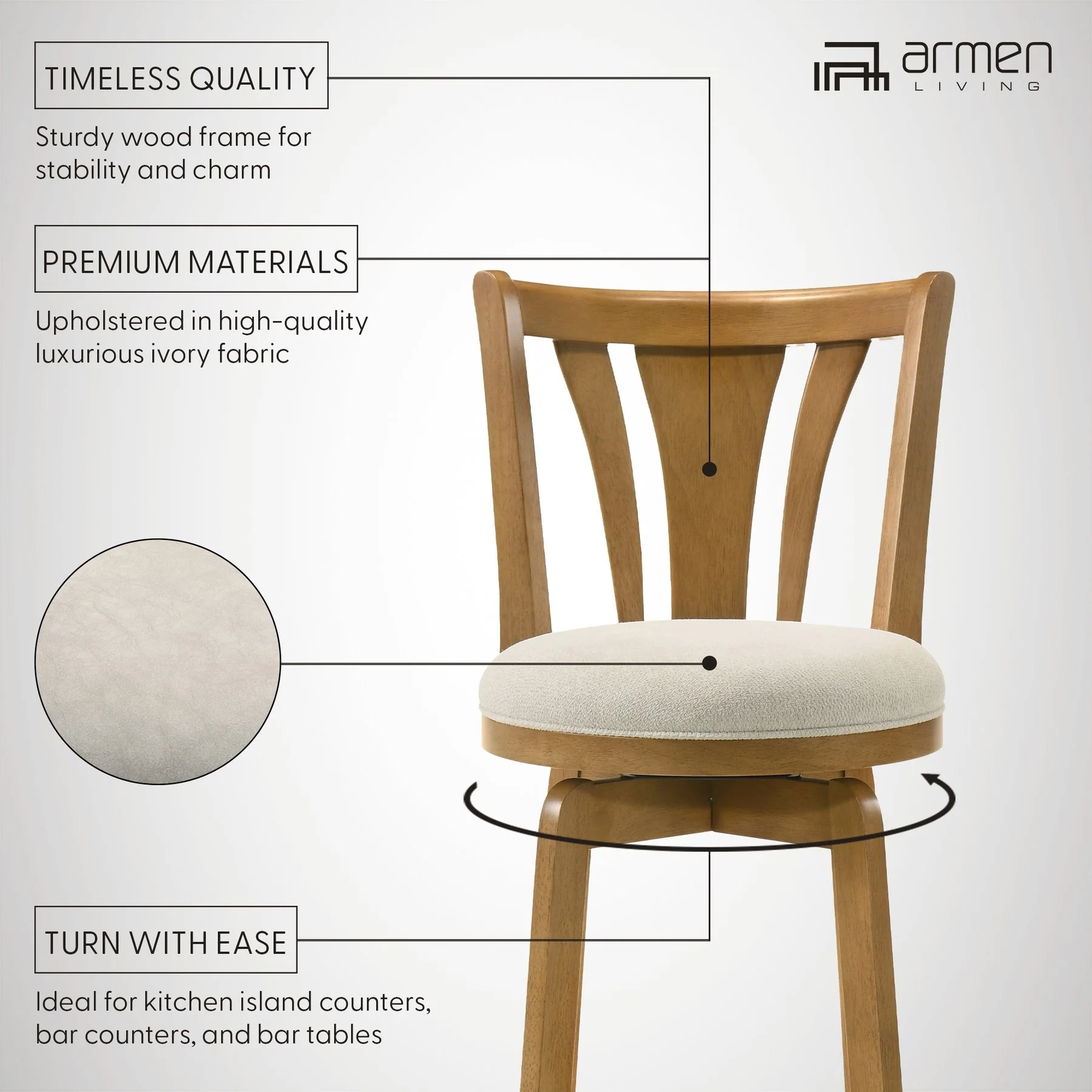 Elle 30 in. Amber Glow Bar Height Rubberwood Swivel Barstool with Ivory Fabric Seat - Image 12