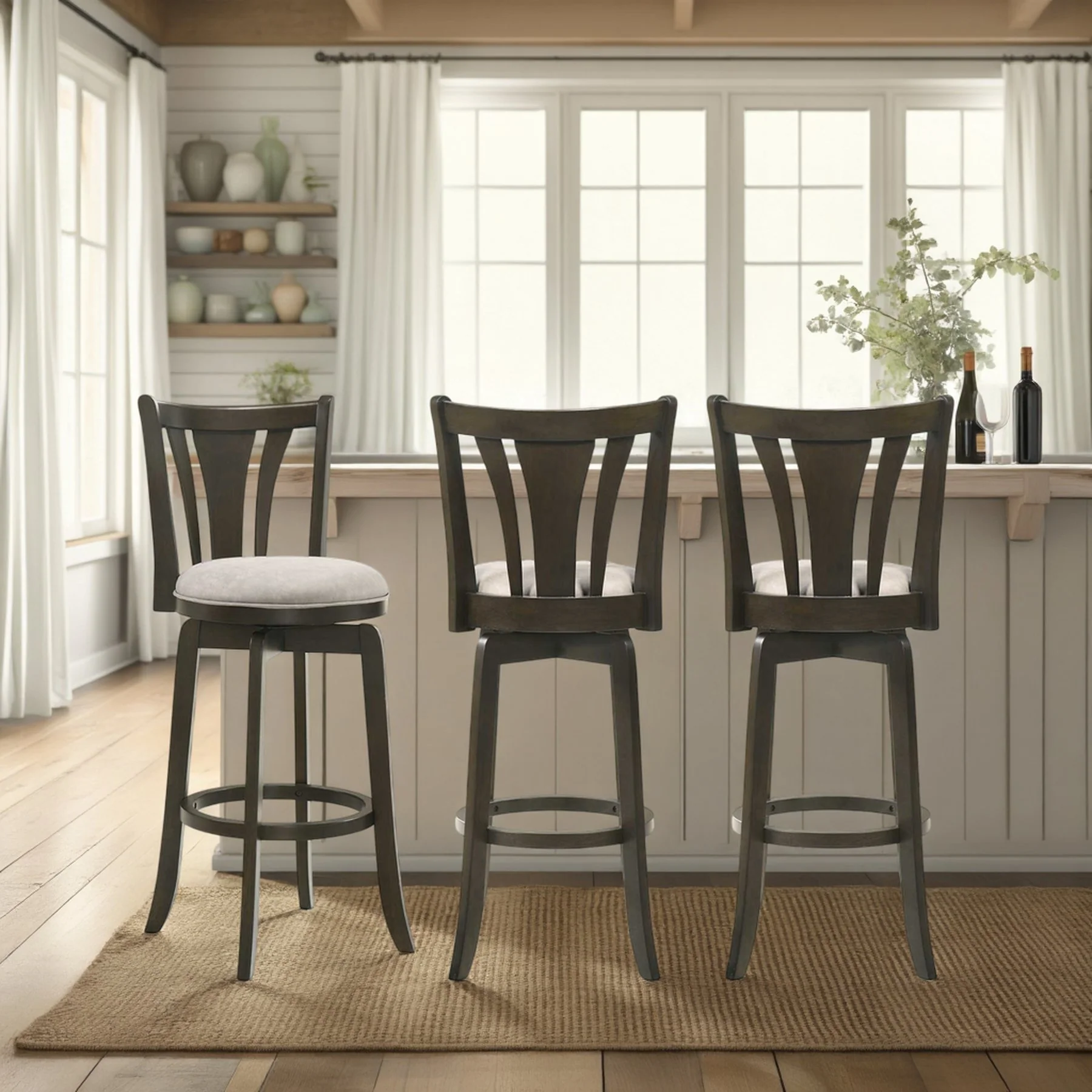 Elle 30 in. Dark Roast Bar Height Rubberwood Swivel Barstool with Grey Fabric Seat - Image 11