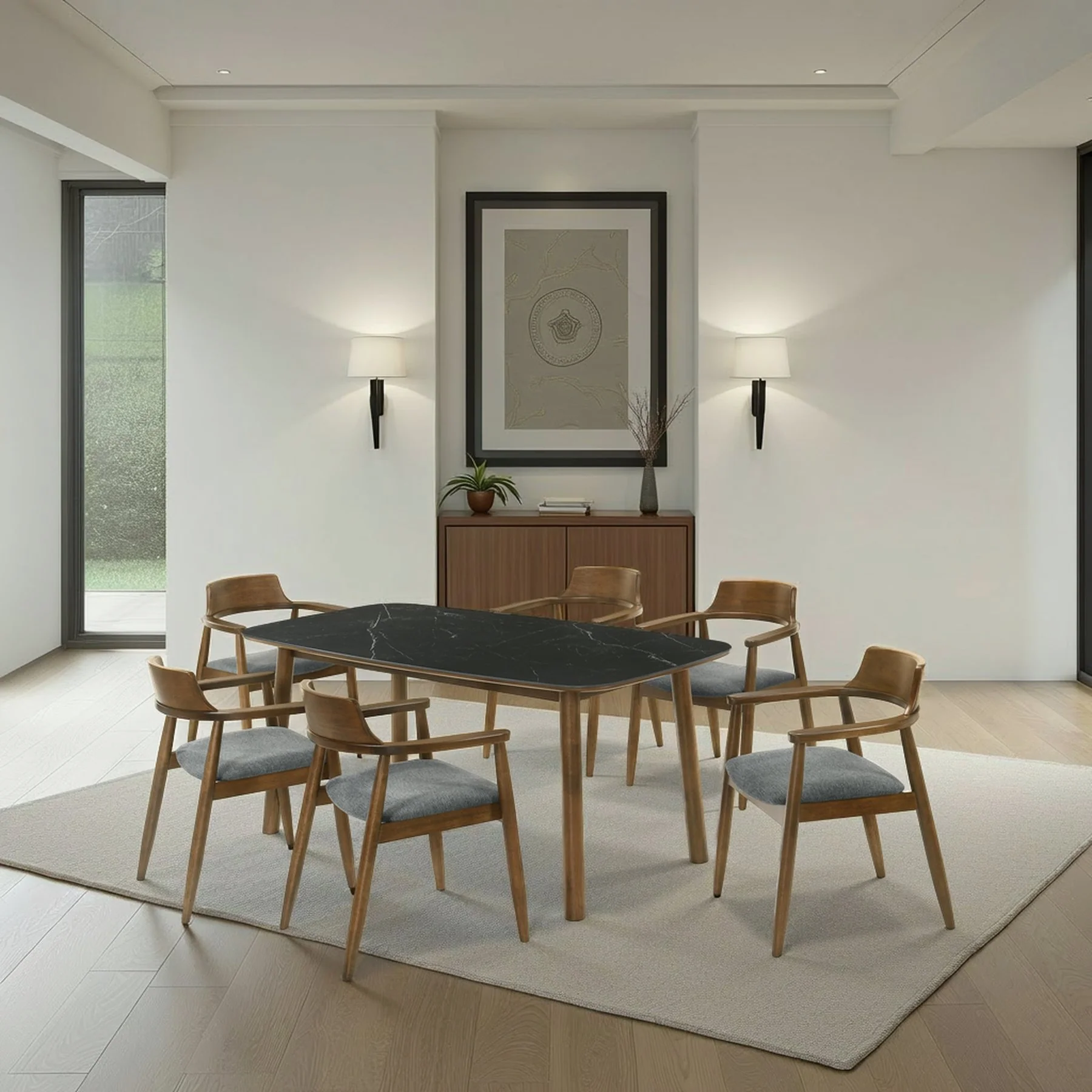 Emorie Mid-Century Modern 7-Piece Wood Dining Set in Walnut Finish with Sintered Stone Top - Image 11