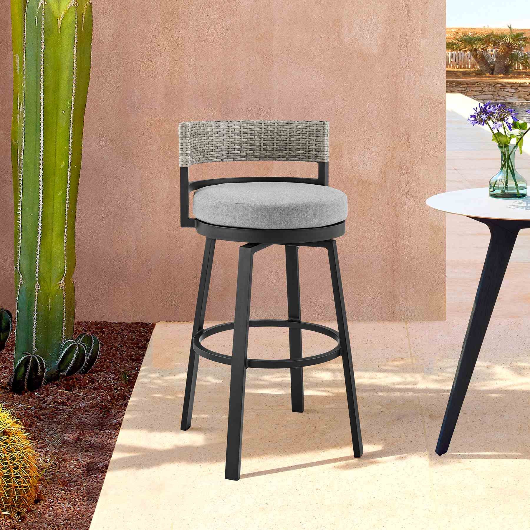 Encinitas Outdoor Patio Counter Height Swivel Bar Stool in Aluminum and Wicker with Gray Cushions - Image 11
