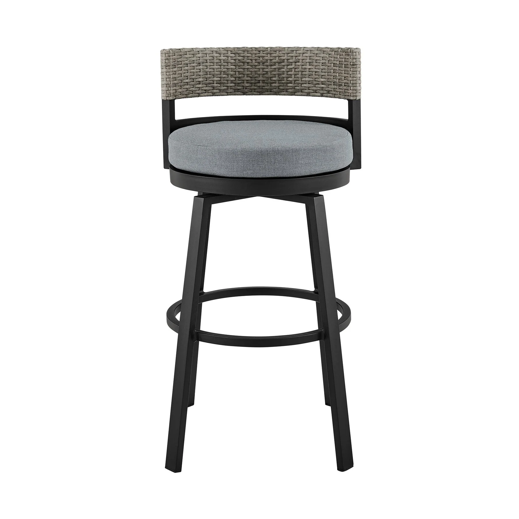 Encinitas Outdoor Patio Counter Height Swivel Bar Stool in Aluminum and Wicker with Gray Cushions - Image 2