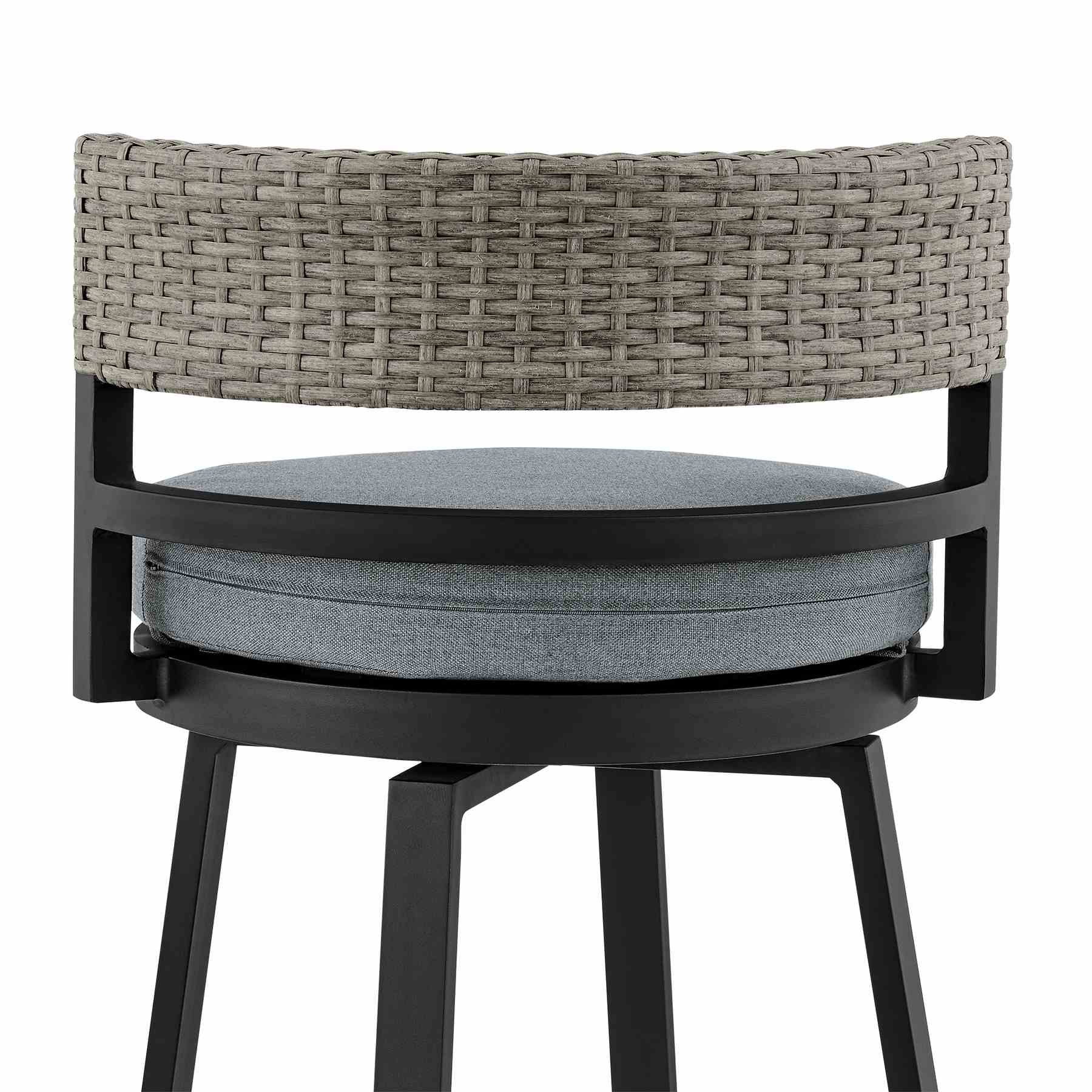 Encinitas Outdoor Patio Counter Height Swivel Bar Stool in Aluminum and Wicker with Gray Cushions - Image 7
