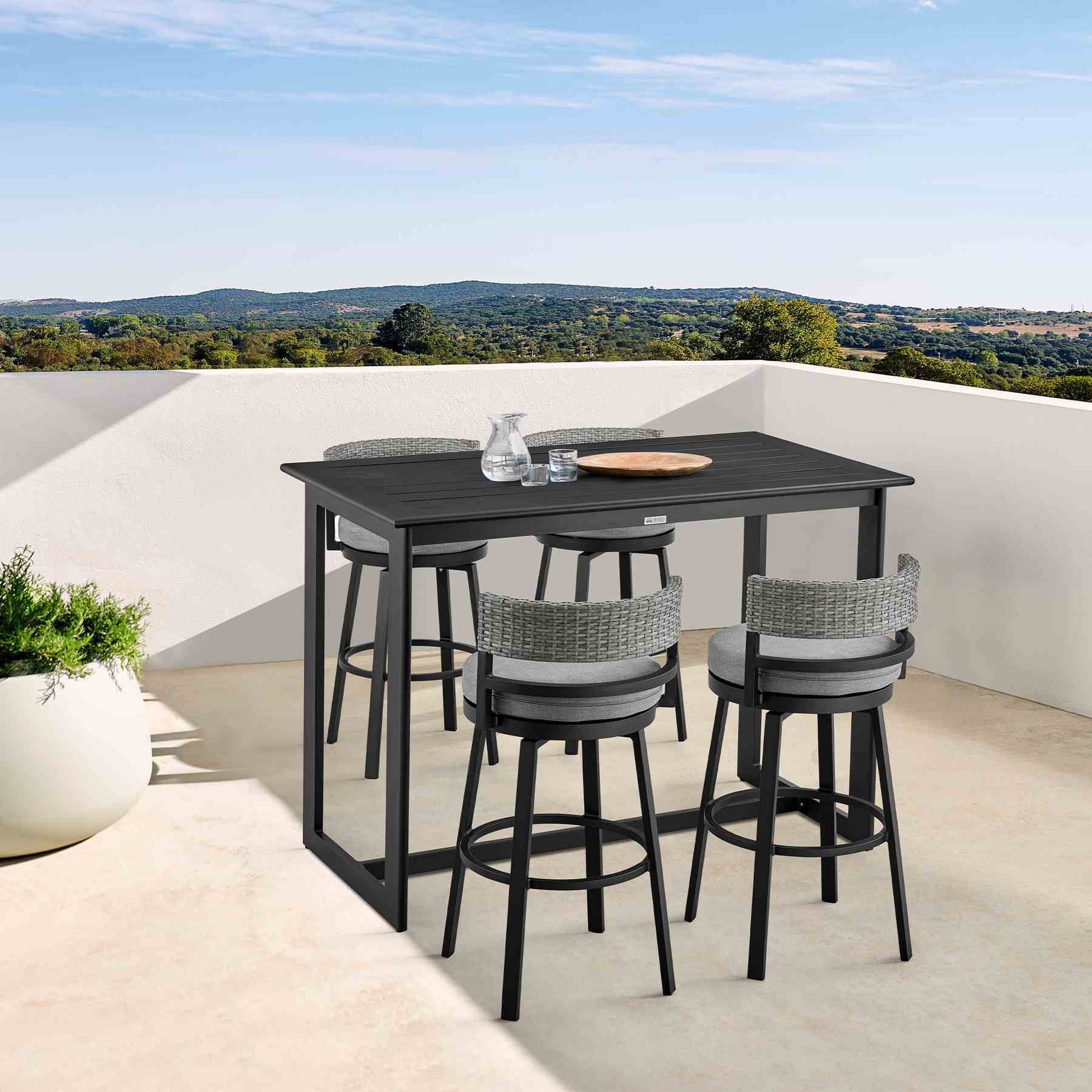 Encinitas Outdoor Patio Swivel Bar Stool in Aluminum and Wicker with Gray Cushions - Image 12