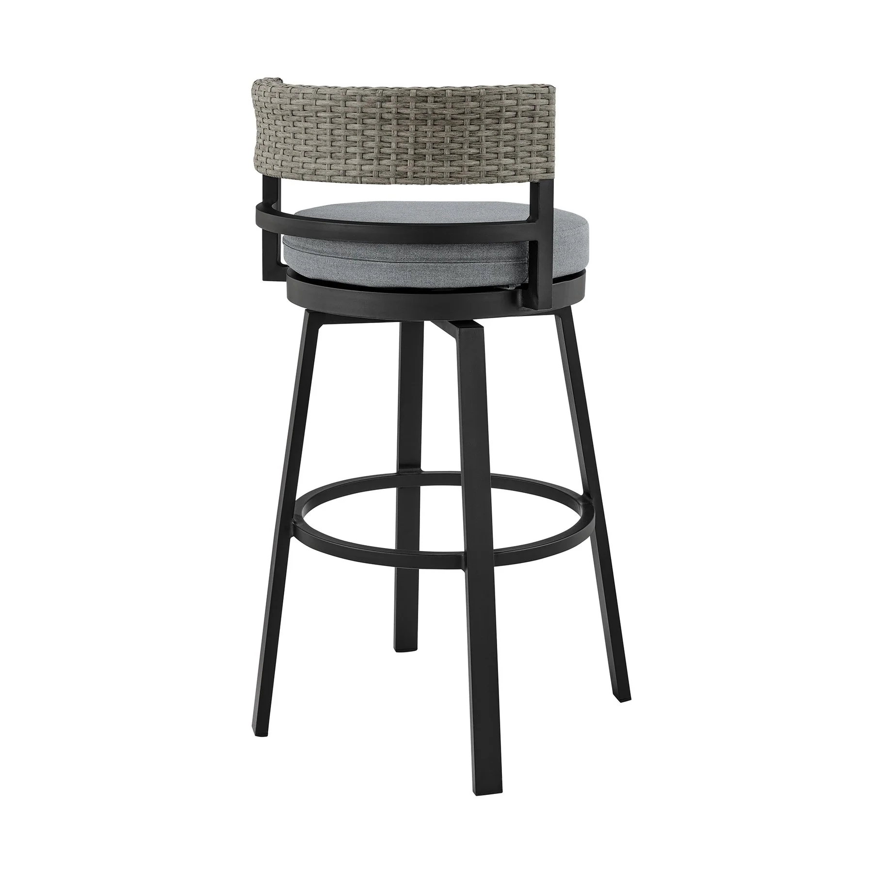 Encinitas Outdoor Patio Swivel Bar Stool in Aluminum and Wicker with Gray Cushions - Image 4