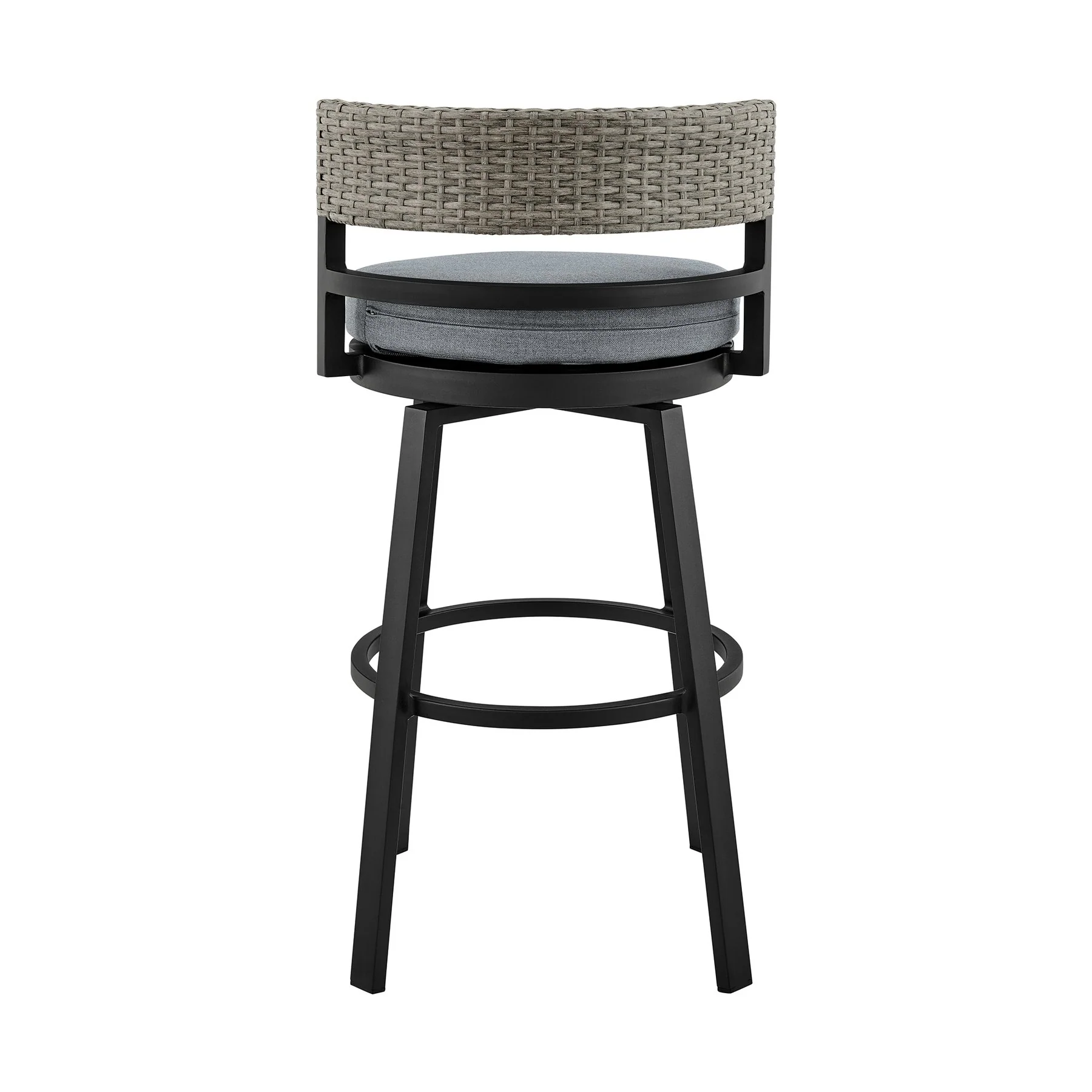 Encinitas Outdoor Patio Swivel Bar Stool in Aluminum and Wicker with Gray Cushions - Image 5