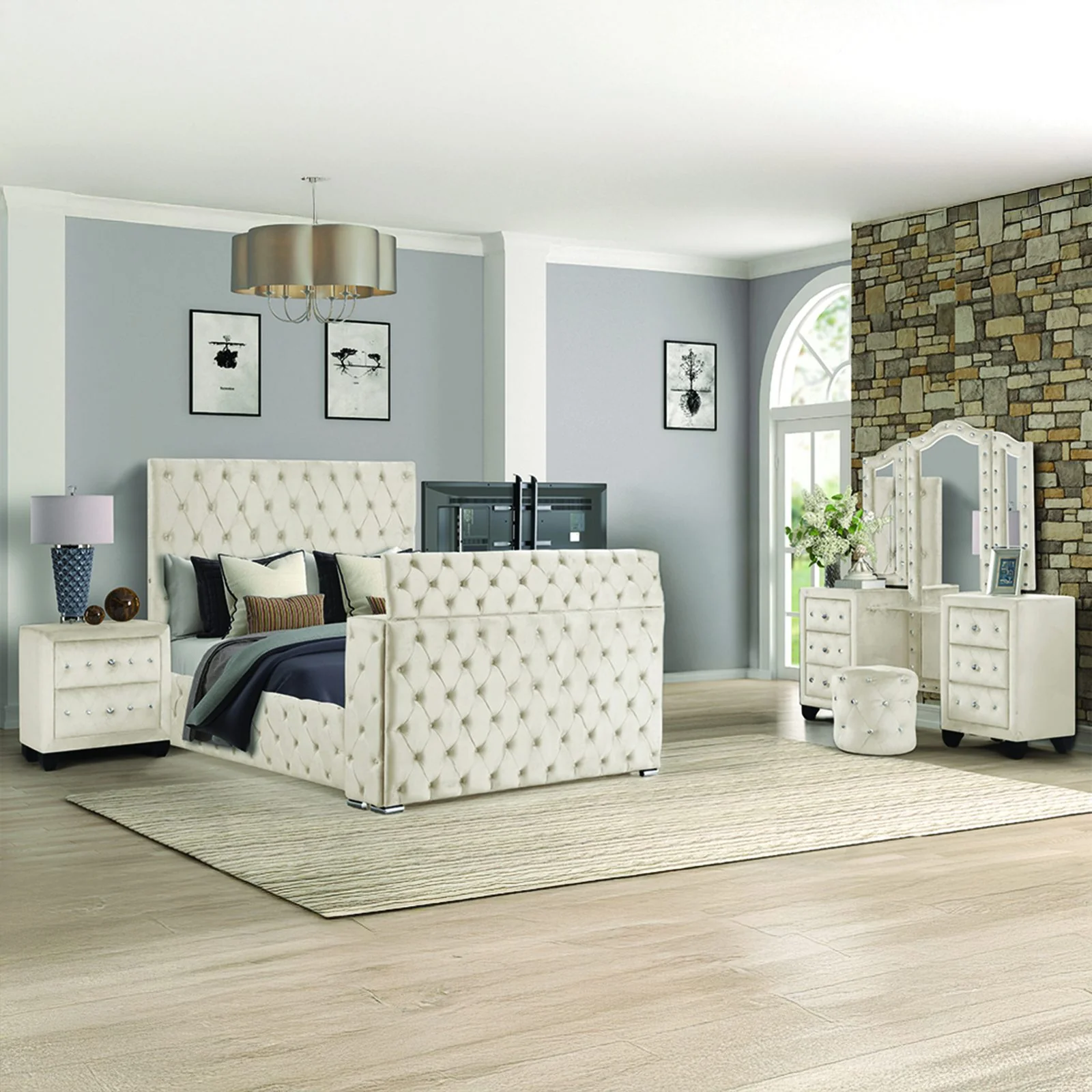 Encore King 4PC Vanity Bedroom Set Beige - Image 16