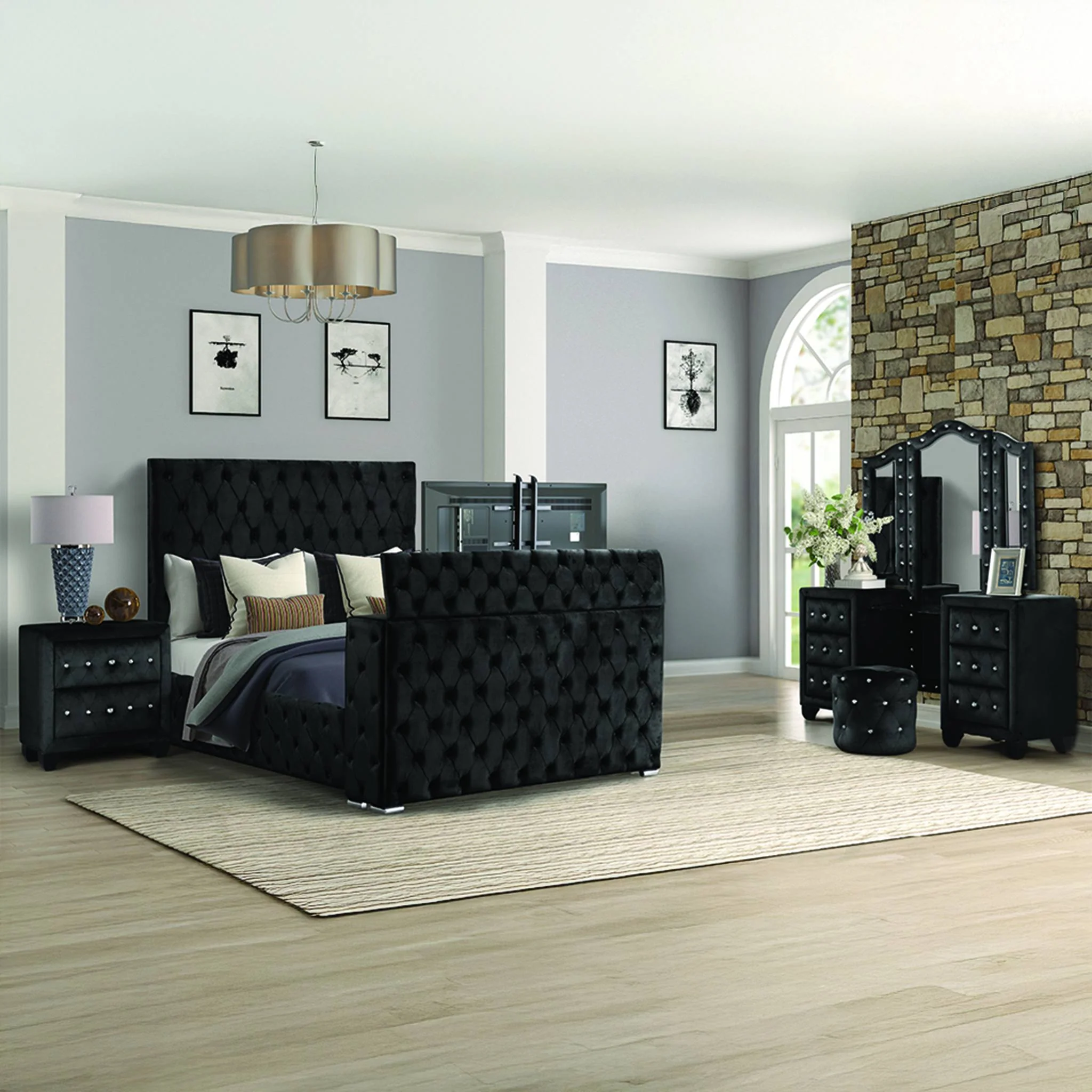 Encore King 4PC Vanity Bedroom Set Black - Image 15