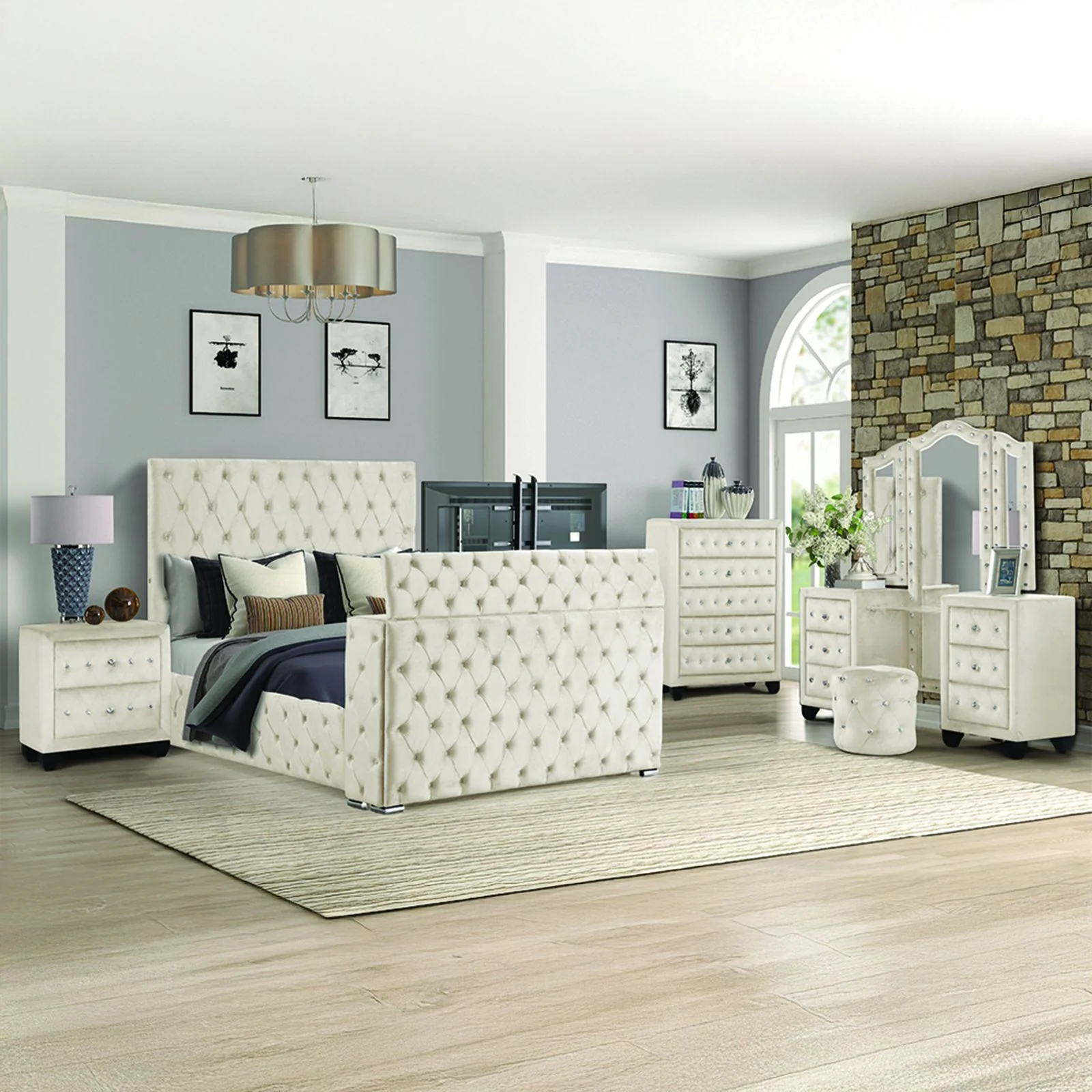 Encore Queen 5PC Vanity Bedroom Set Beige - Image 20