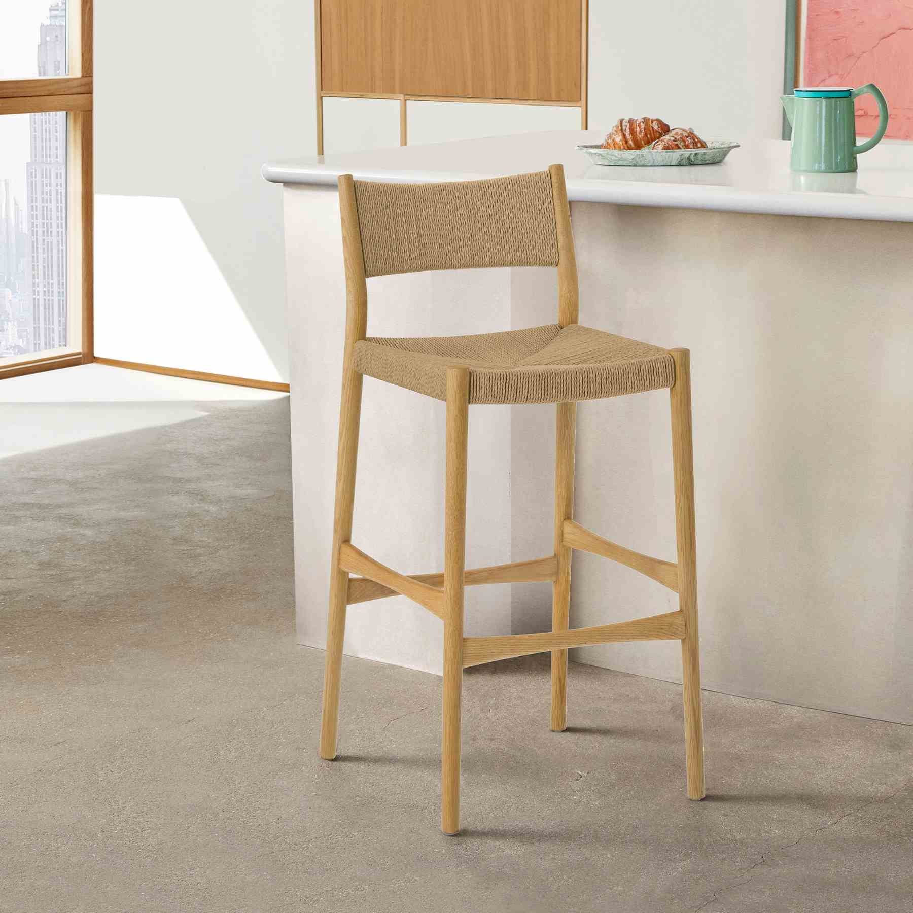 Erie Woven Paper Cord and Oak Wood Counter Stool - Image 12