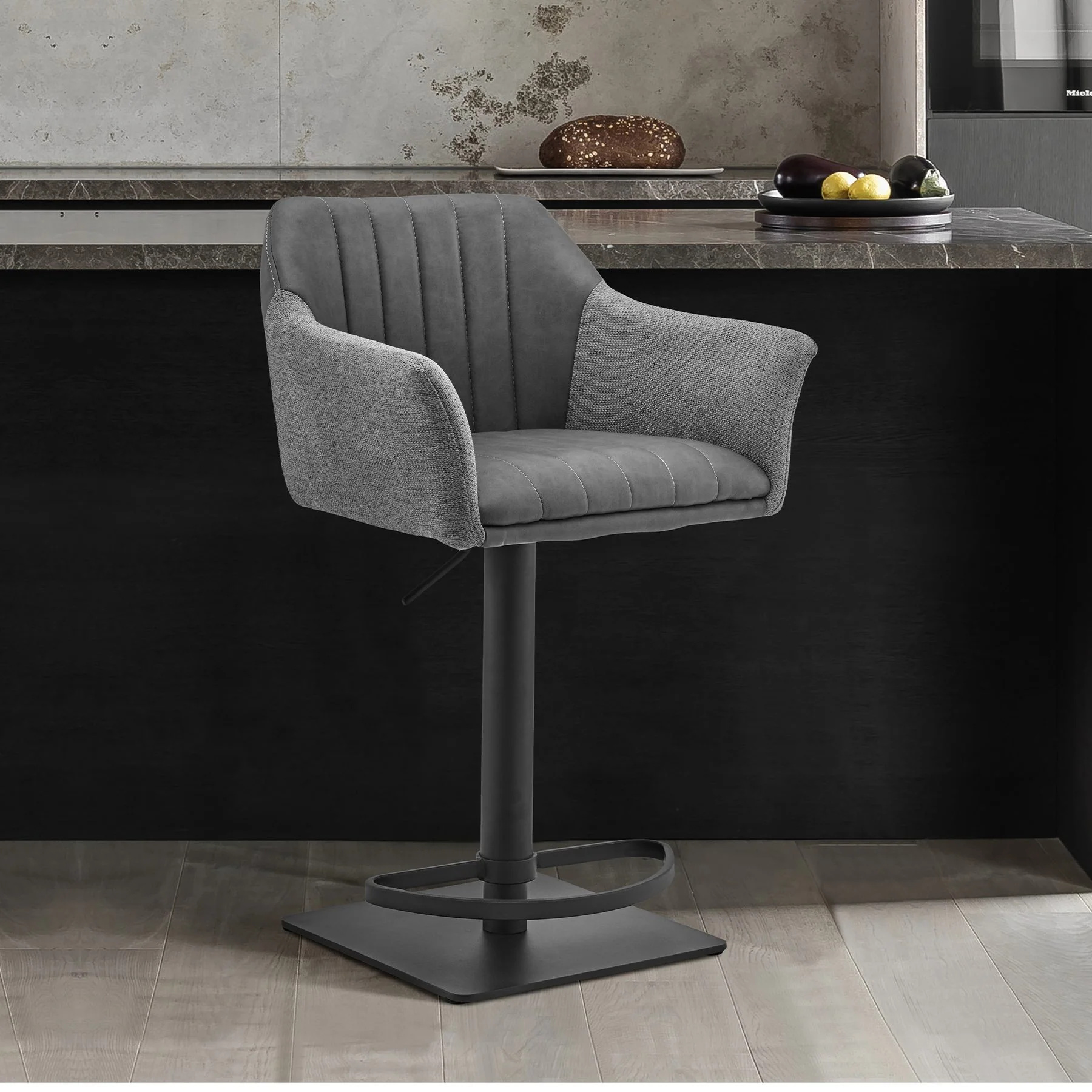 Erin Adjustable Gray Faux Leather and Fabric Metal Swivel Bar Stool - Image 8