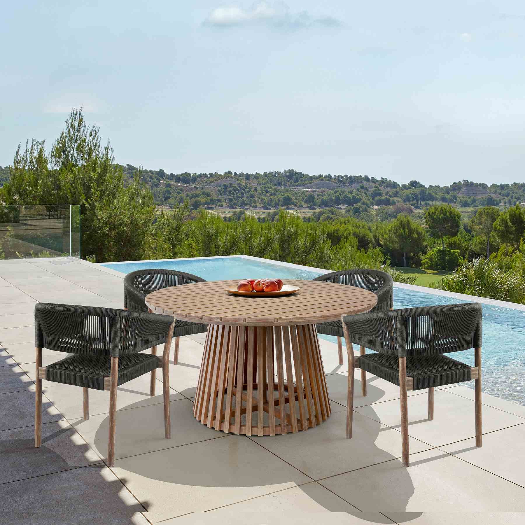 Escondido Doris Outdoor Patio 5 Piece Round Dining Set in Eucalyptus Wood and Black Rope - Image 12