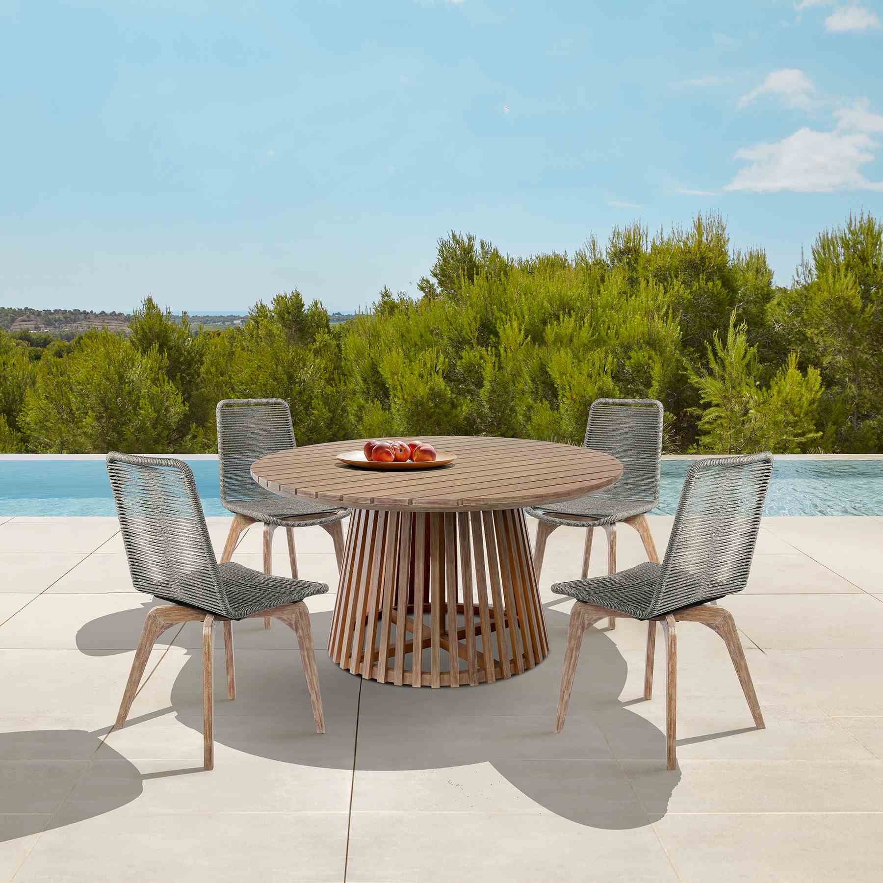 Escondido Island Outdoor Patio 5 Piece Round Dining Set in Eucalyptus Wood and Gray Rope - Image 11