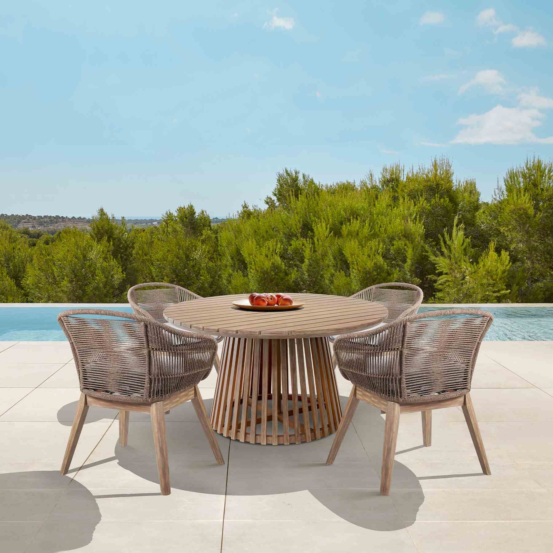 Escondido Tutti Frutti Outdoor Patio 5 Piece Round Dining Set in Eucalyptus Wood with Truffle Rope and Gray Cushions - Image 10