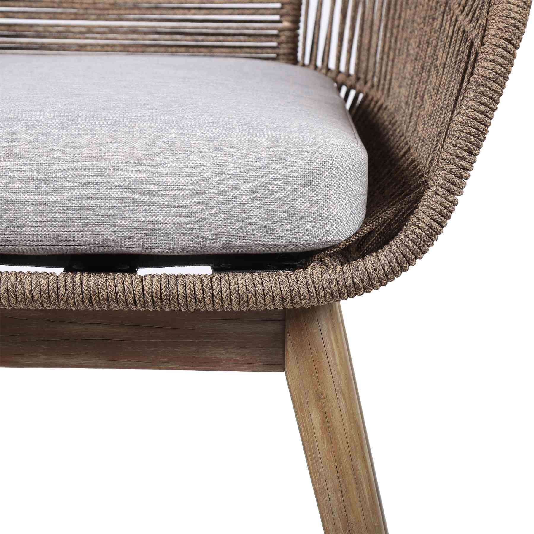 Escondido Tutti Frutti Outdoor Patio 5 Piece Round Dining Set in Eucalyptus Wood with Truffle Rope and Gray Cushions - Image 6