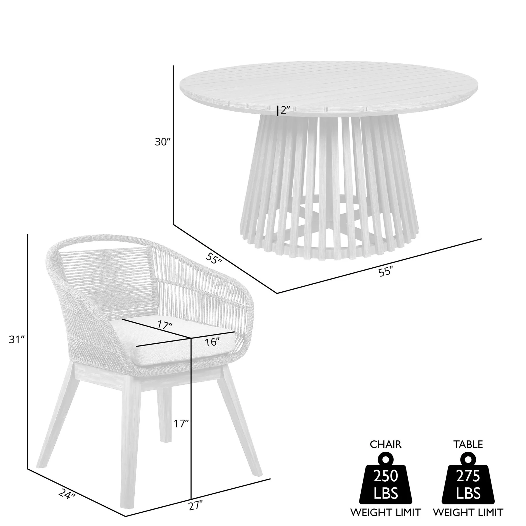 Escondido Tutti Frutti Outdoor Patio 5 Piece Round Dining Set in Eucalyptus Wood with Truffle Rope and Gray Cushions - Image 9