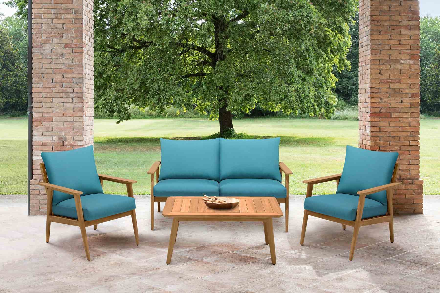 Eve Outdoor 4 Piece Teak Wood Sofa Seating Set with Teal Olefin - Image 9