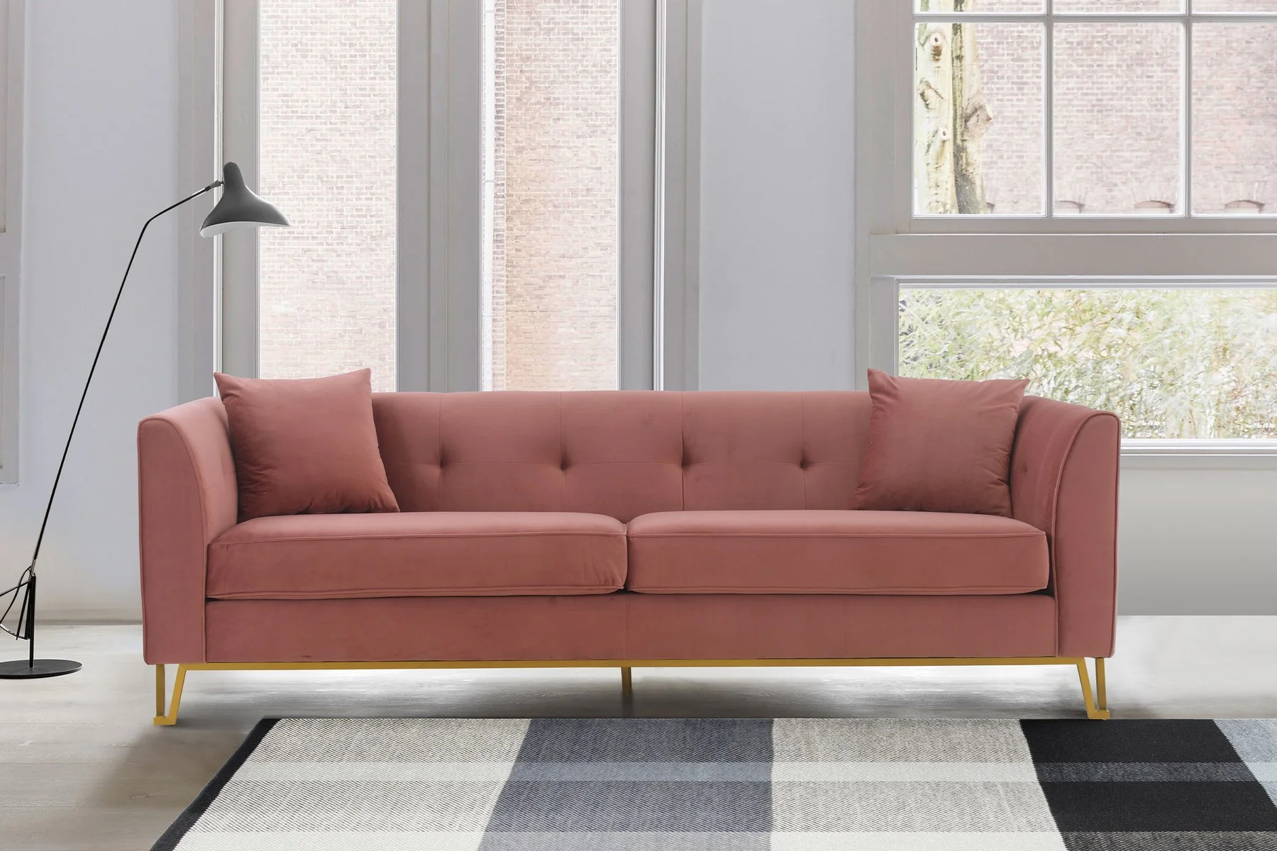 Everest 90" Blush Fabric Upholstered Sofa with Brushed Gold Legs - Image 7