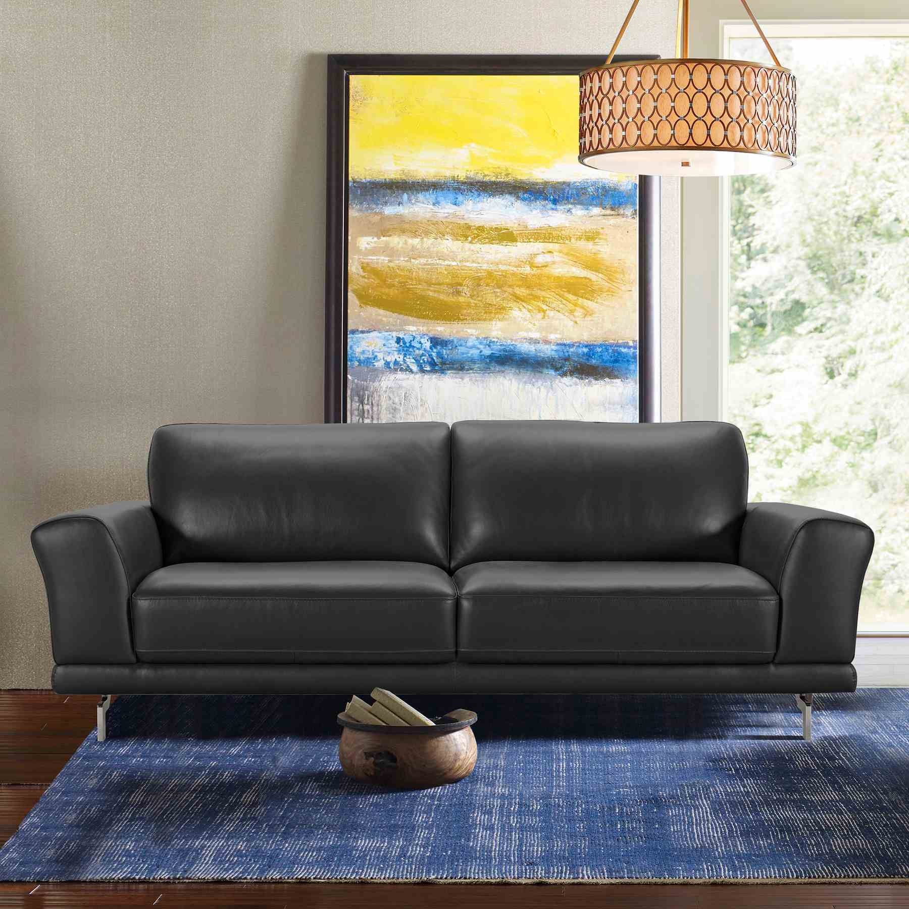 Everly Contemporary Sofa in Genuine Black Leather with Brushed Stainless Steel Legs - Image 5