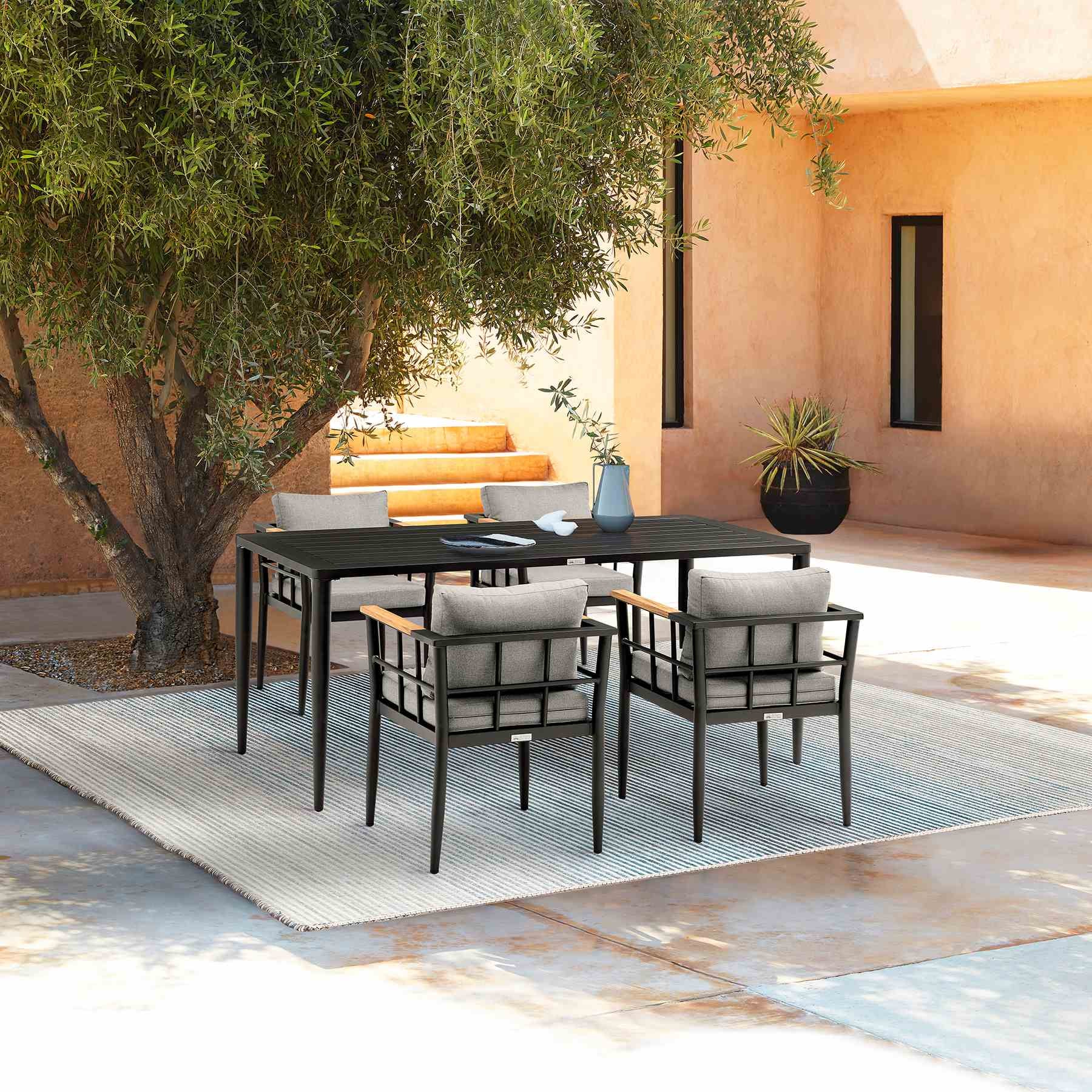Ezra Outdoor Patio 5-Piece Dining Table Set in Aluminum and Teak with Gray Cushions - Image 12