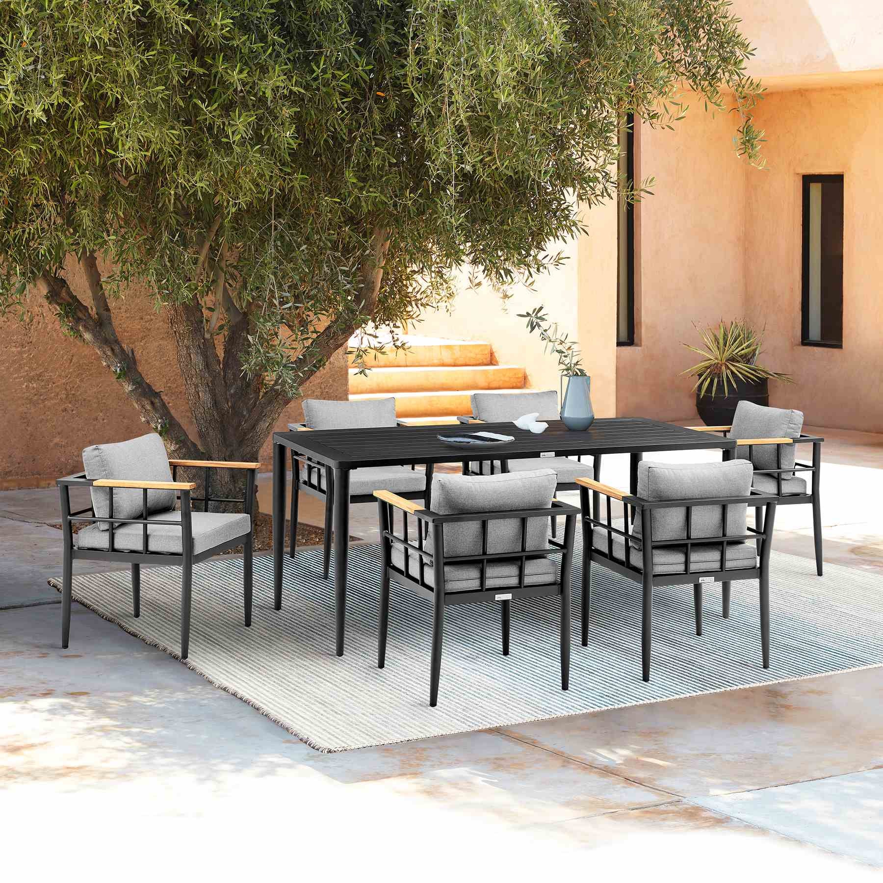 Ezra Outdoor Patio 7-Piece Dining Table Set in Aluminum and Teak with Gray Cushions - Image 12