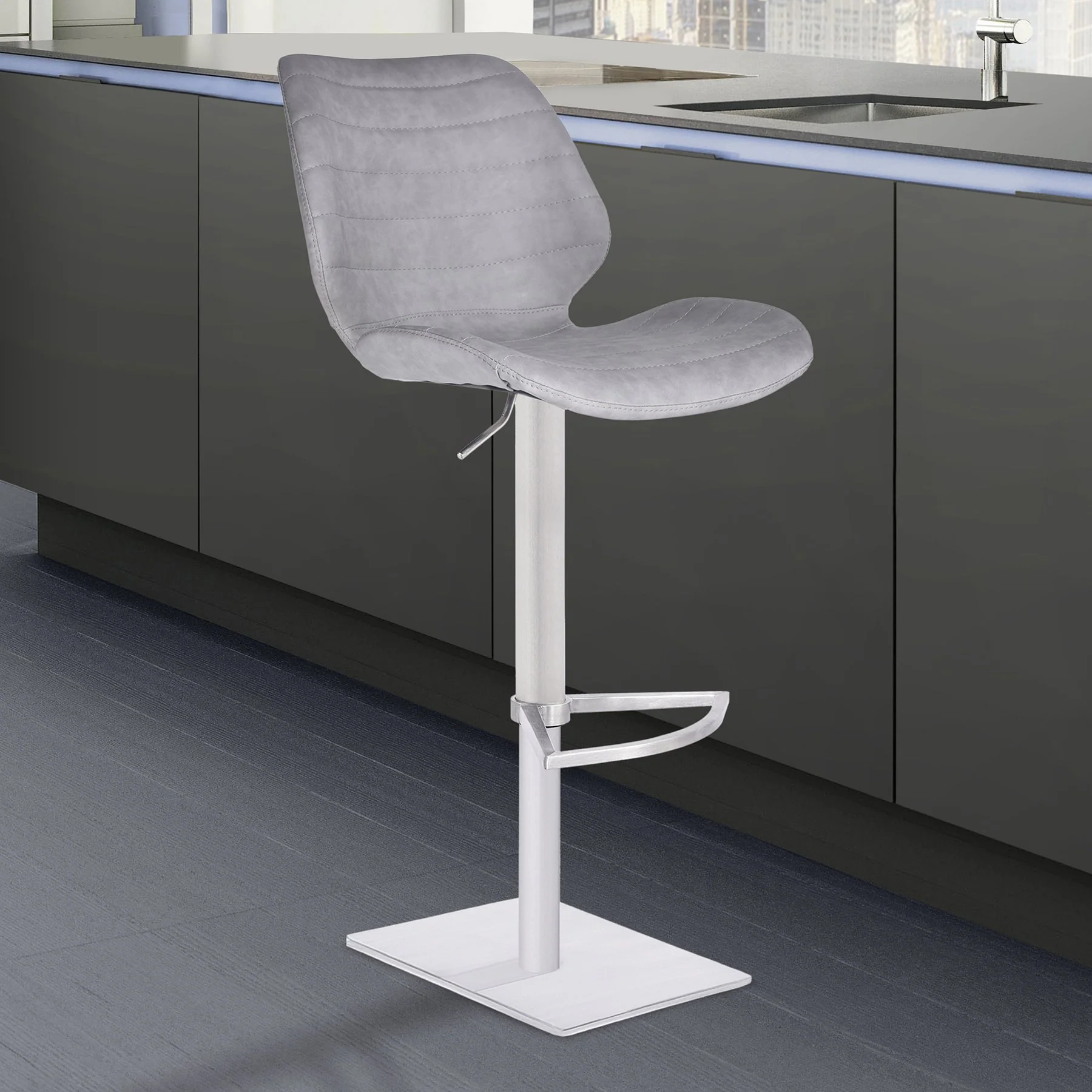 Falcon Adjustable Swivel Barstool in Brushed Stainless Steel with Light Vintage Gray Faux Leather - Image 3